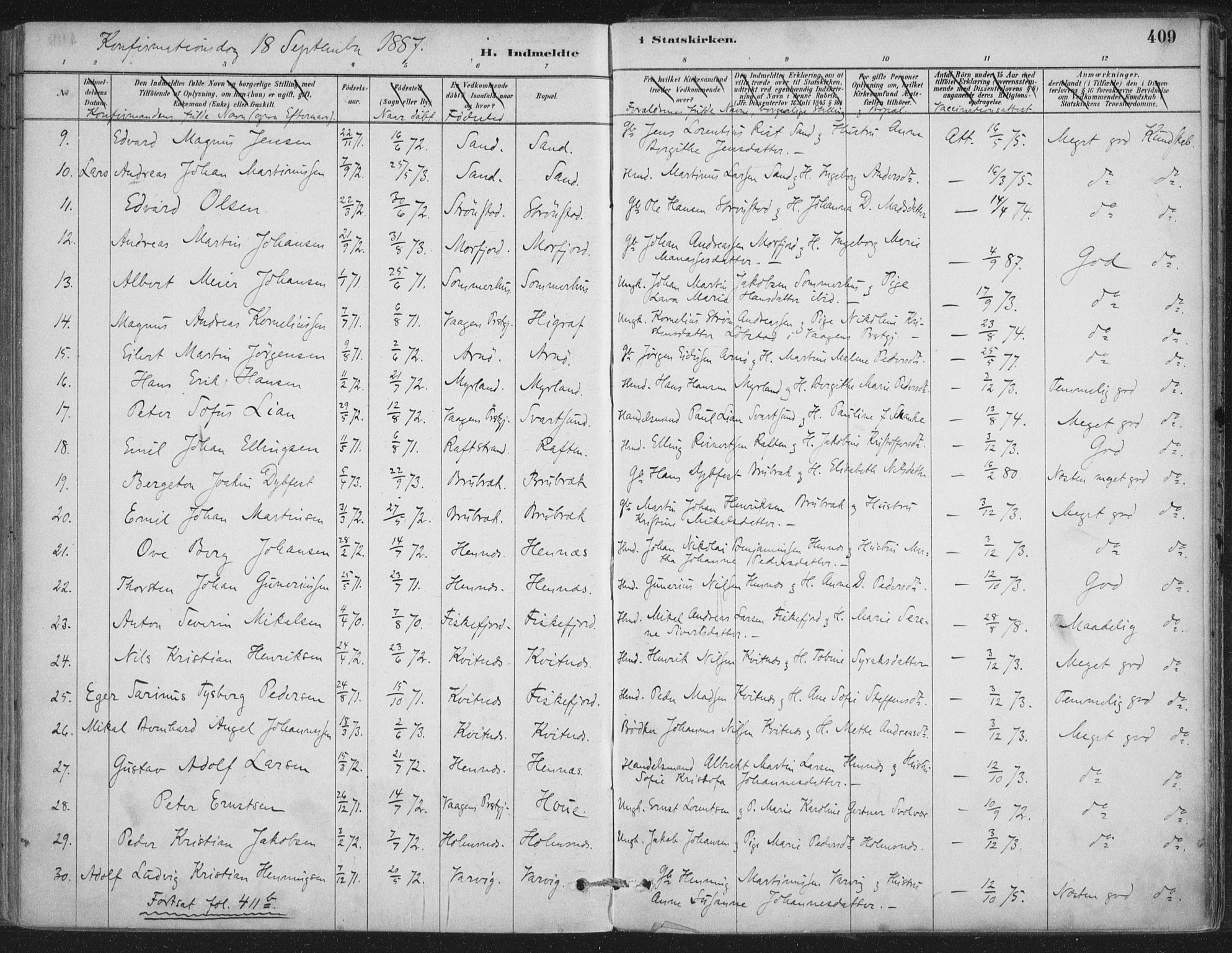 Ministerialprotokoller, klokkerbøker og fødselsregistre - Nordland, AV/SAT-A-1459/888/L1244: Parish register (official) no. 888A10, 1880-1890, p. 409