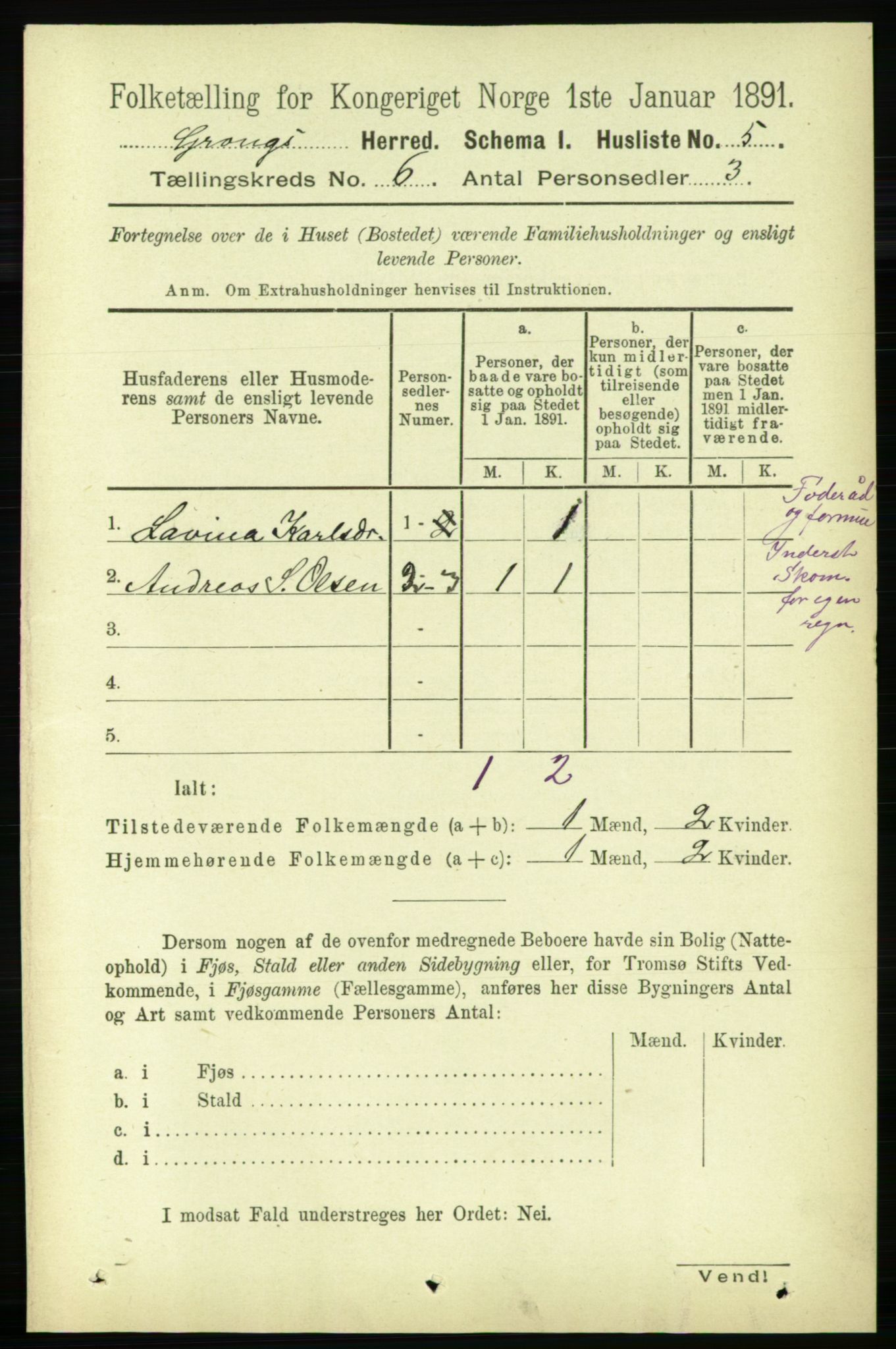 RA, 1891 census for 1742 Grong, 1891, p. 2303