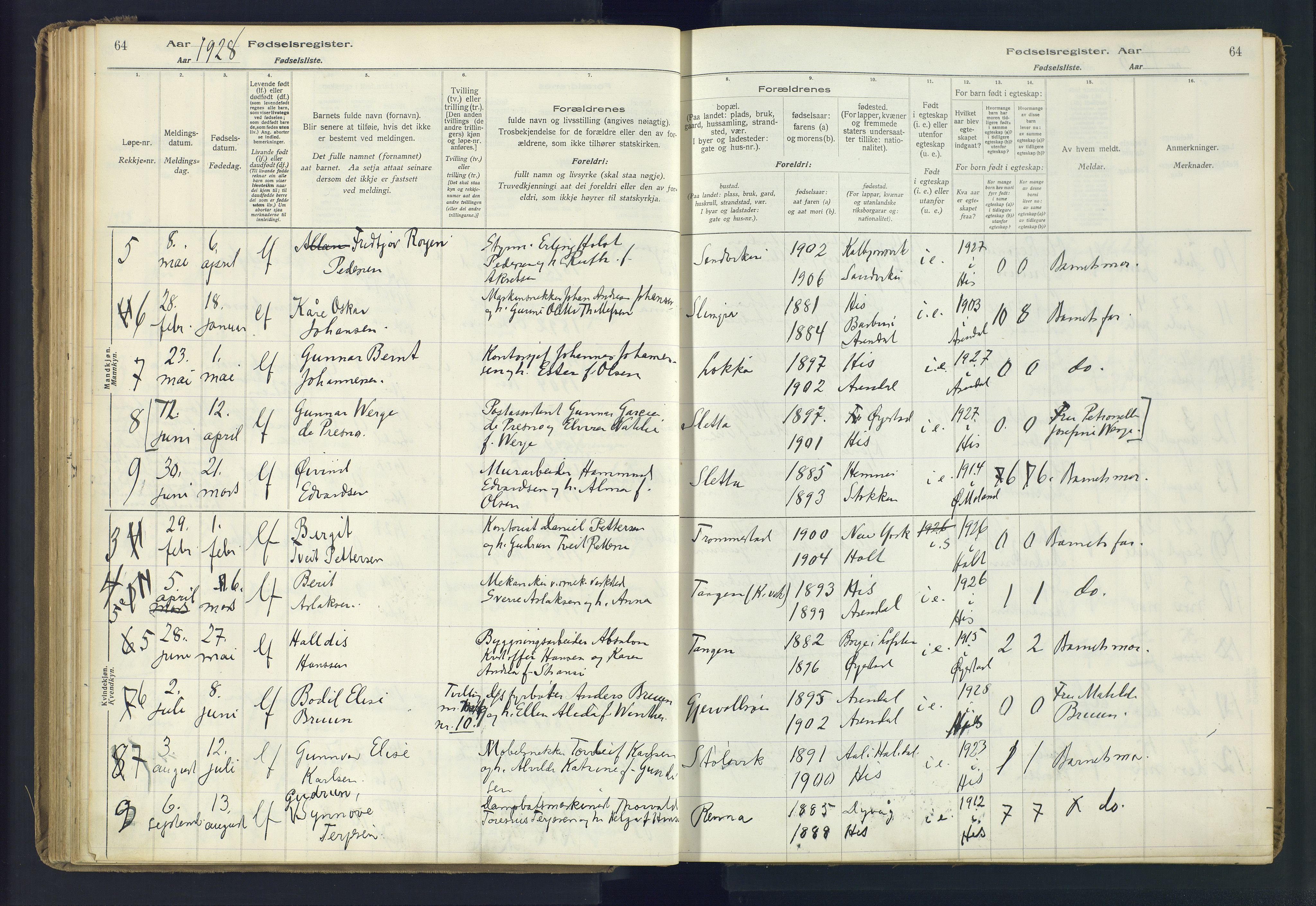 Hisøy sokneprestkontor, SAK/1111-0020/J/Ja/L0001: Birth register no. A-VI-14, 1916-1951, p. 64