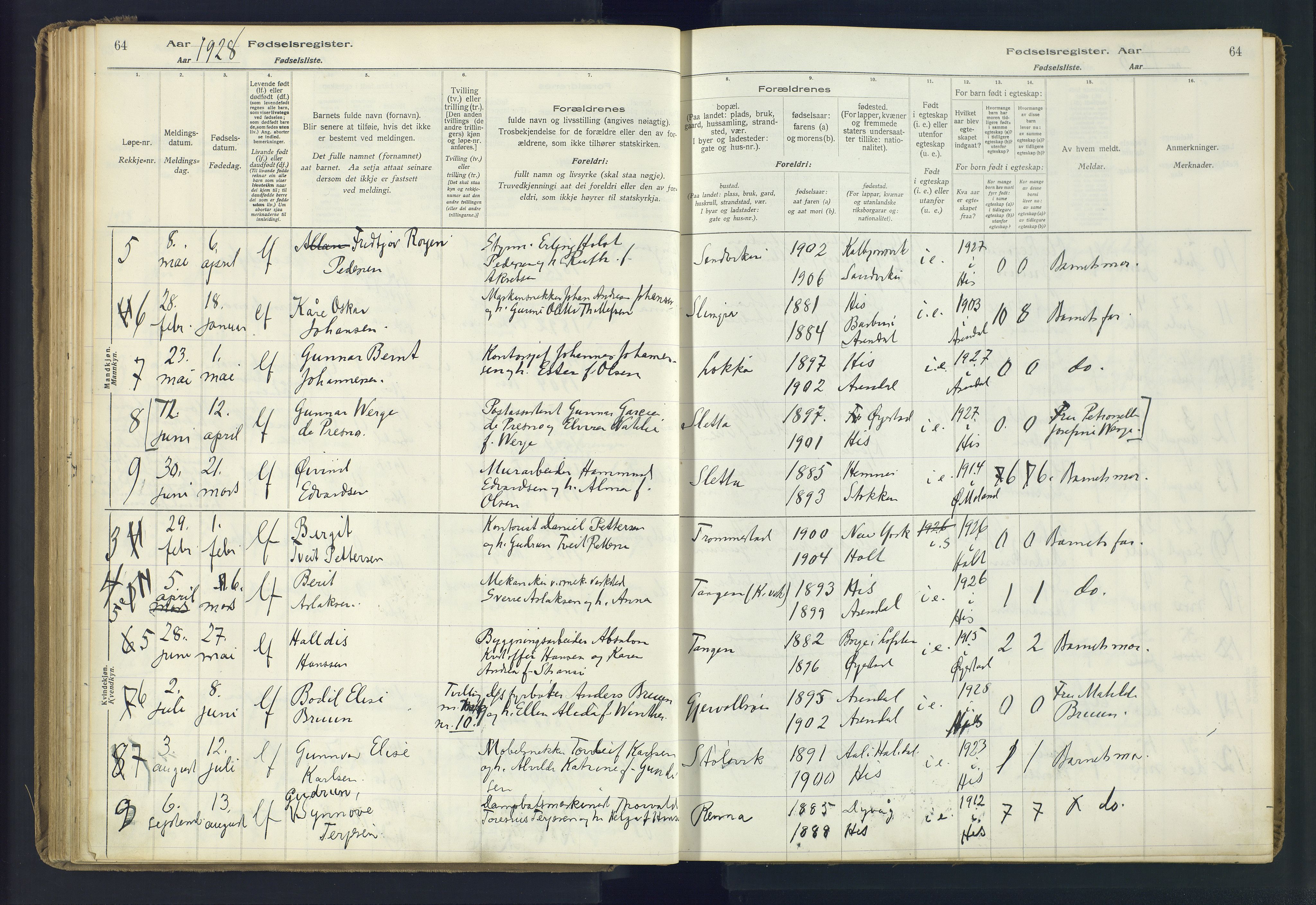 Hisøy sokneprestkontor, AV/SAK-1111-0020/J/Ja/L0001: Birth register no. A-VI-14, 1916-1951, p. 64