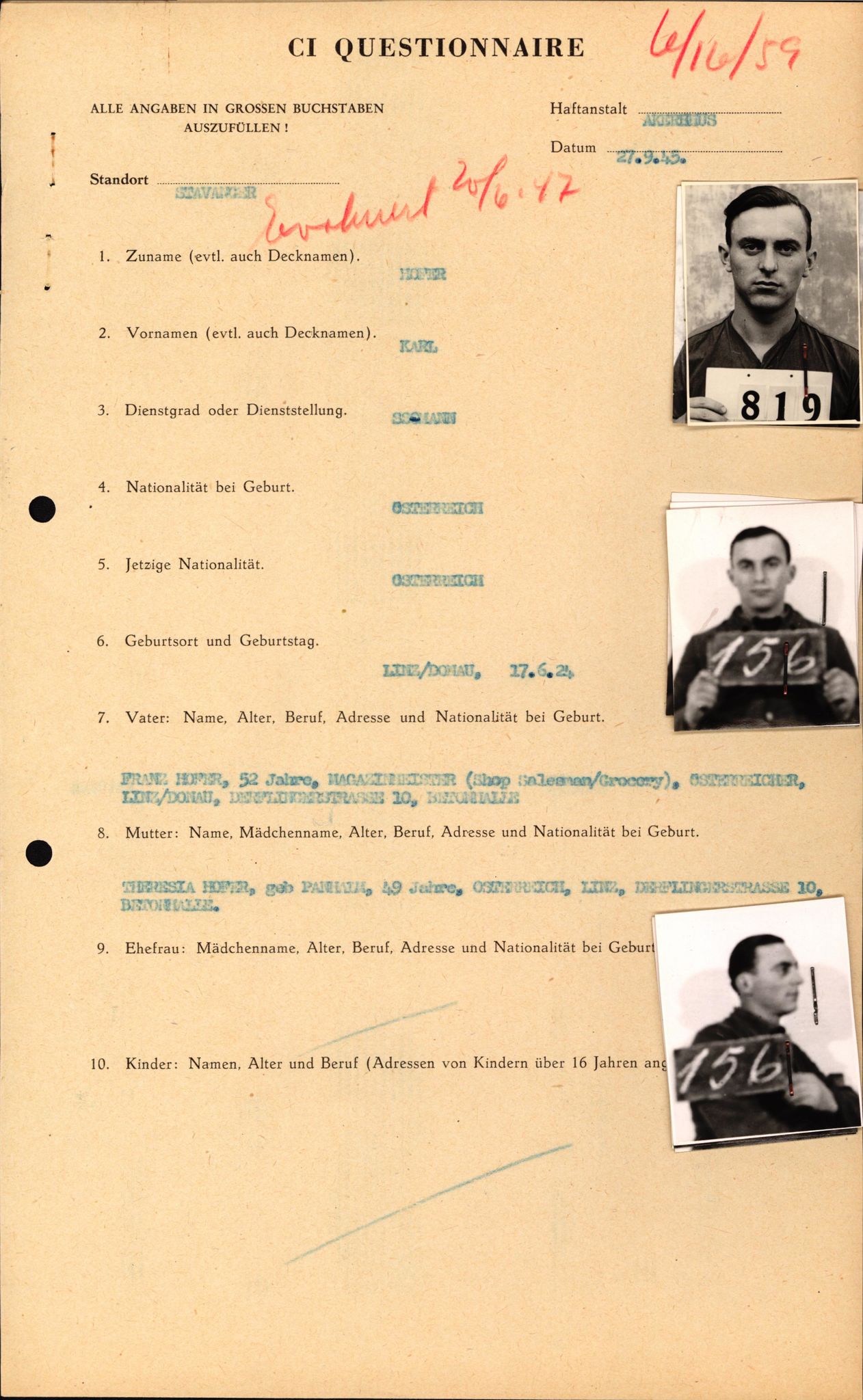 Forsvaret, Forsvarets overkommando II, AV/RA-RAFA-3915/D/Db/L0039: CI Questionaires. Tyske okkupasjonsstyrker i Norge. Østerrikere., 1945-1946, p. 11