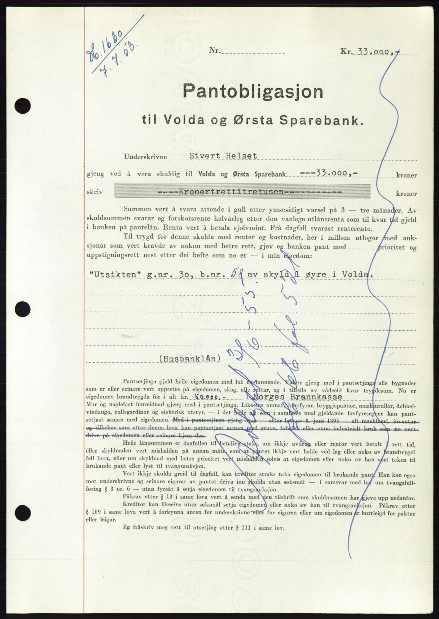 Søre Sunnmøre sorenskriveri, AV/SAT-A-4122/1/2/2C/L0123: Mortgage book no. 11B, 1953-1953, Diary no: : 1630/1953