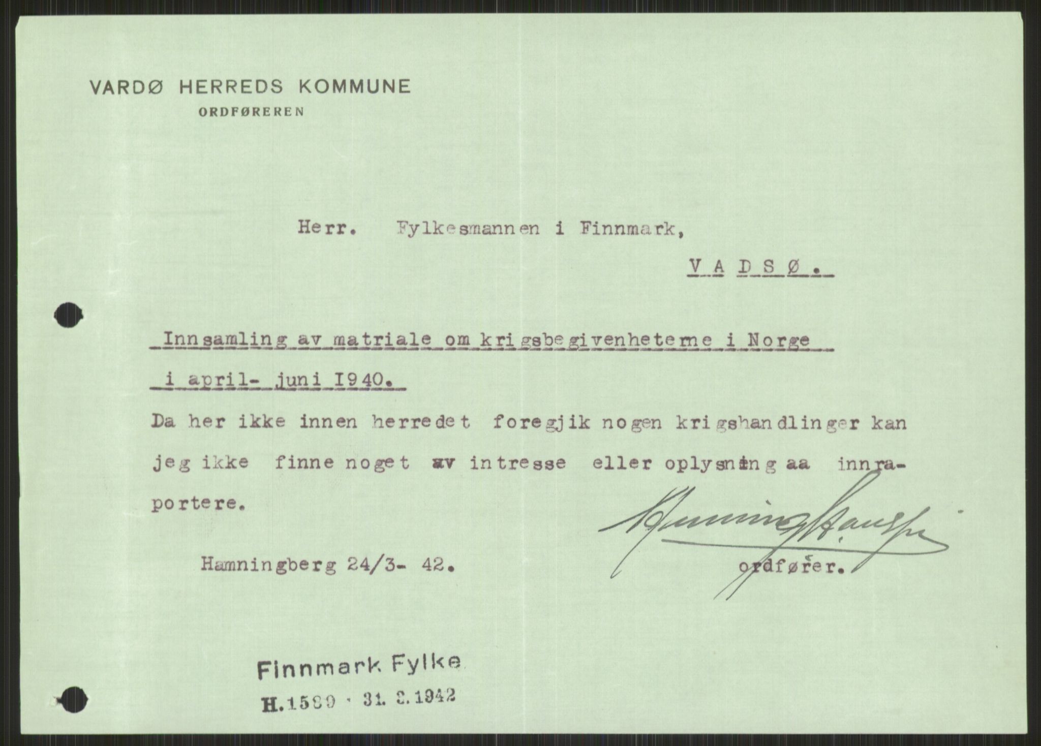 Forsvaret, Forsvarets krigshistoriske avdeling, RA/RAFA-2017/Y/Ya/L0017: II-C-11-31 - Fylkesmenn.  Rapporter om krigsbegivenhetene 1940., 1940, p. 758