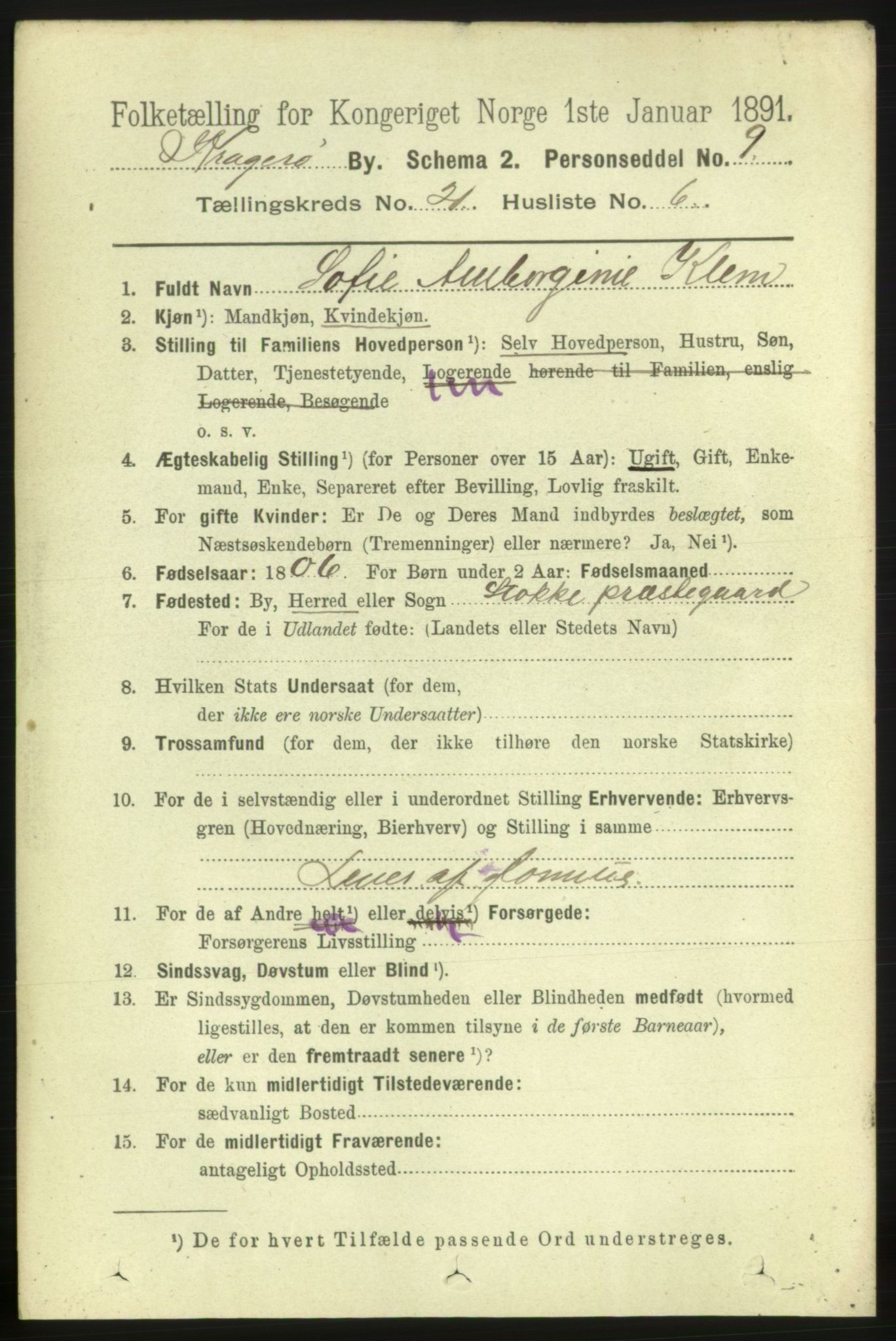 RA, 1891 census for 0801 Kragerø, 1891, p. 4745