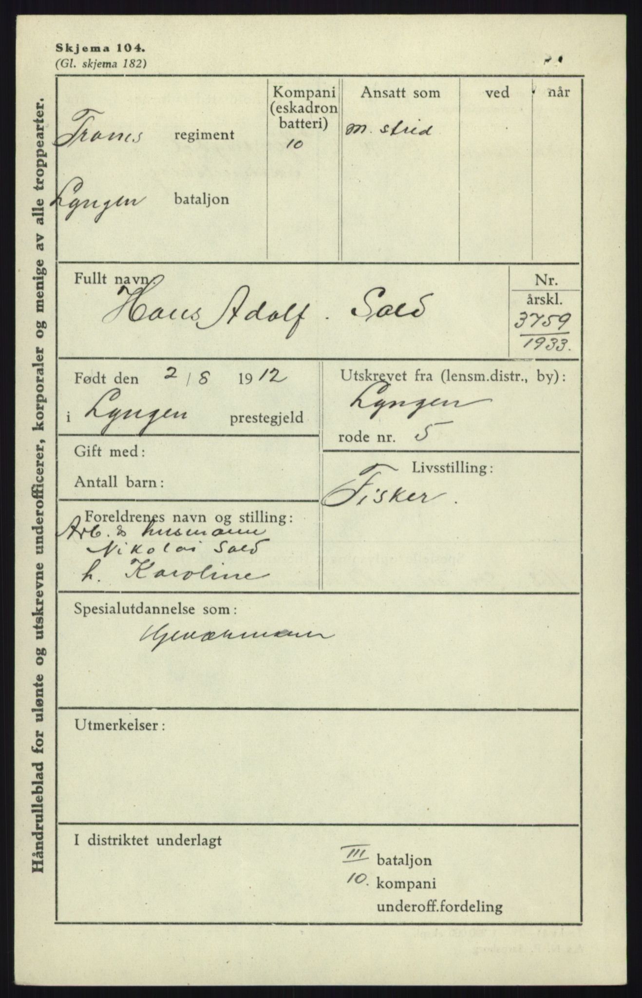 Forsvaret, Troms infanteriregiment nr. 16, AV/RA-RAFA-3146/P/Pa/L0017: Rulleblad for regimentets menige mannskaper, årsklasse 1933, 1933, p. 1131