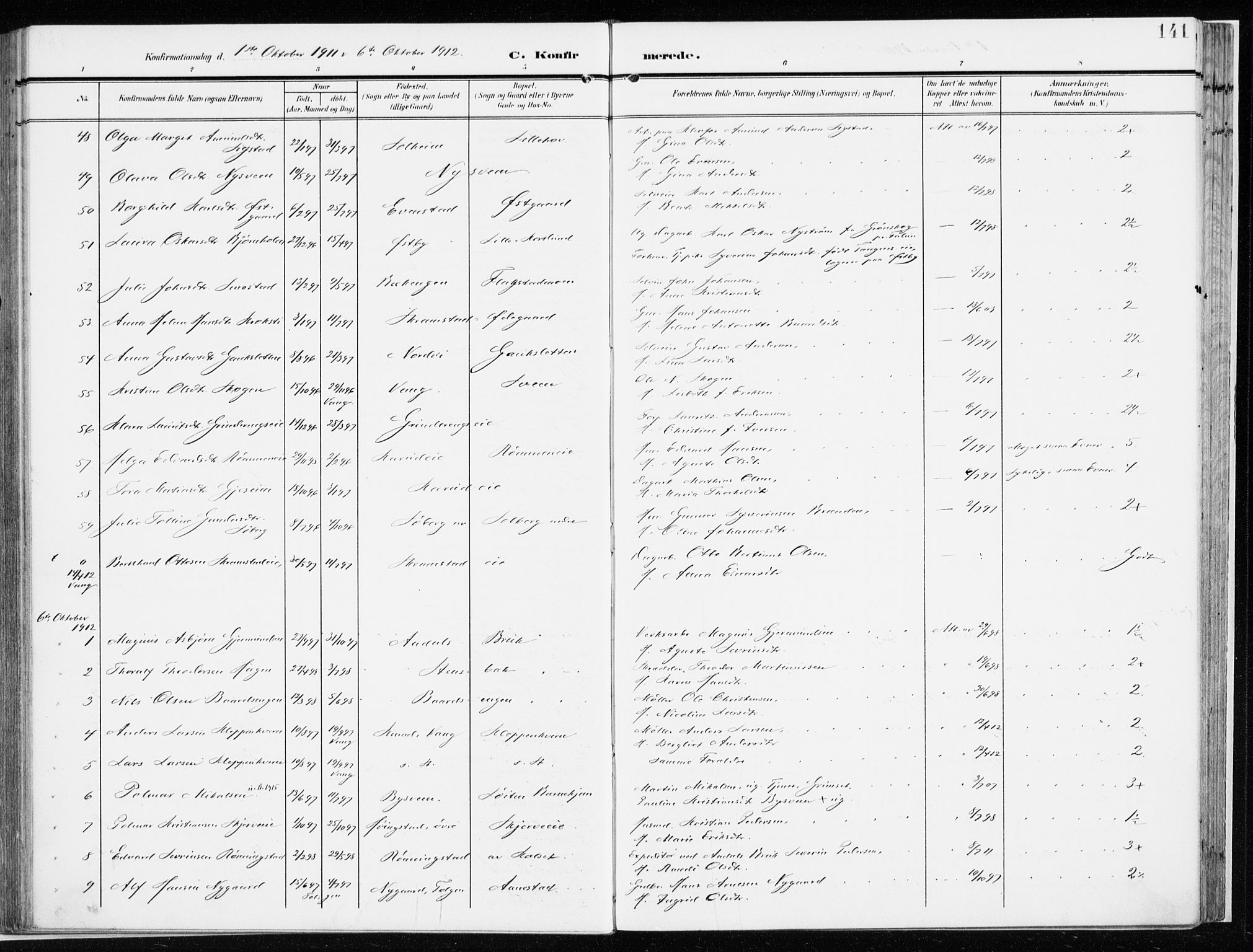 Løten prestekontor, SAH/PREST-022/K/Ka/L0011: Parish register (official) no. 11, 1908-1917, p. 141