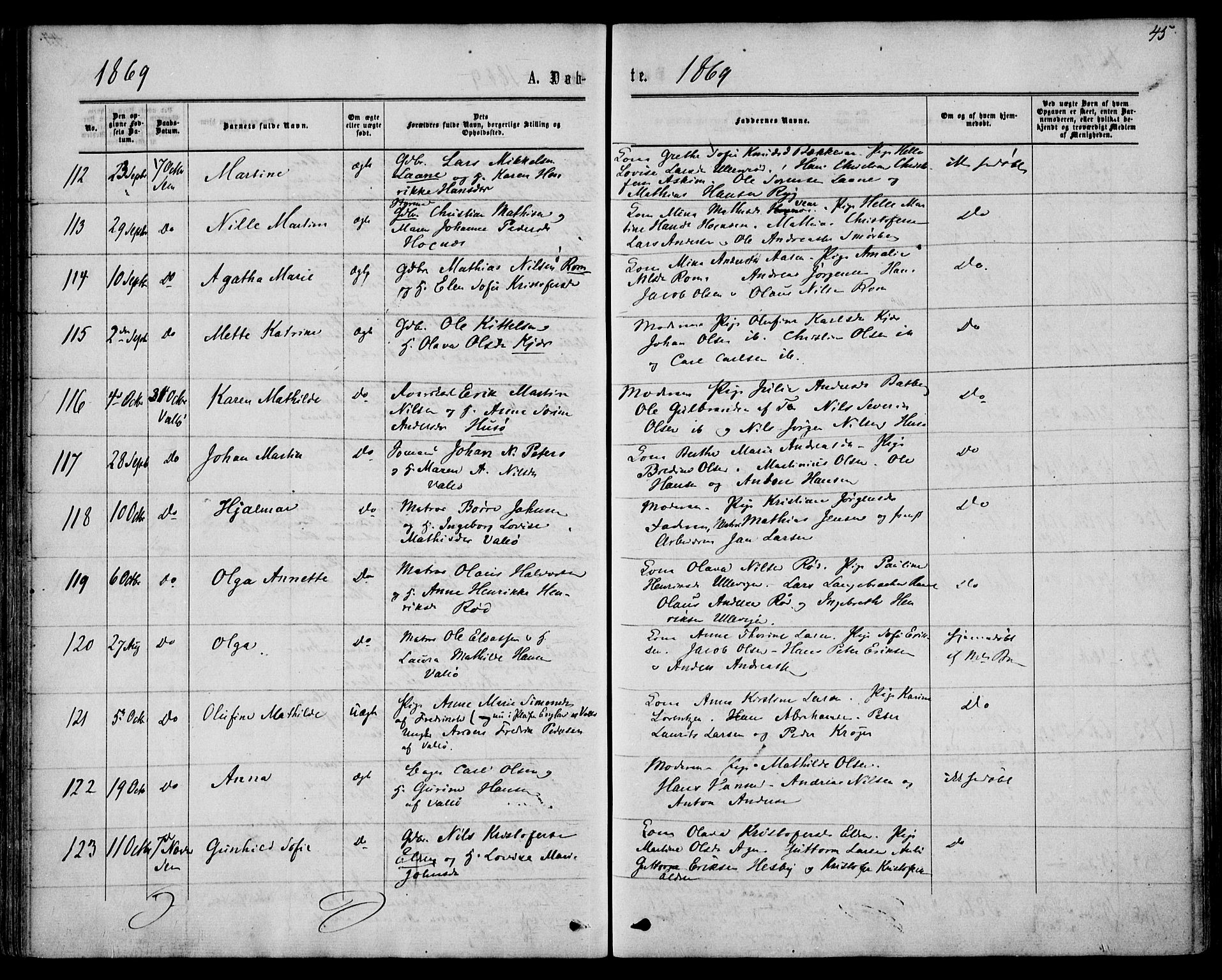 Sem kirkebøker, SAKO/A-5/F/Fa/L0008: Parish register (official) no. I 8, 1866-1873, p. 45