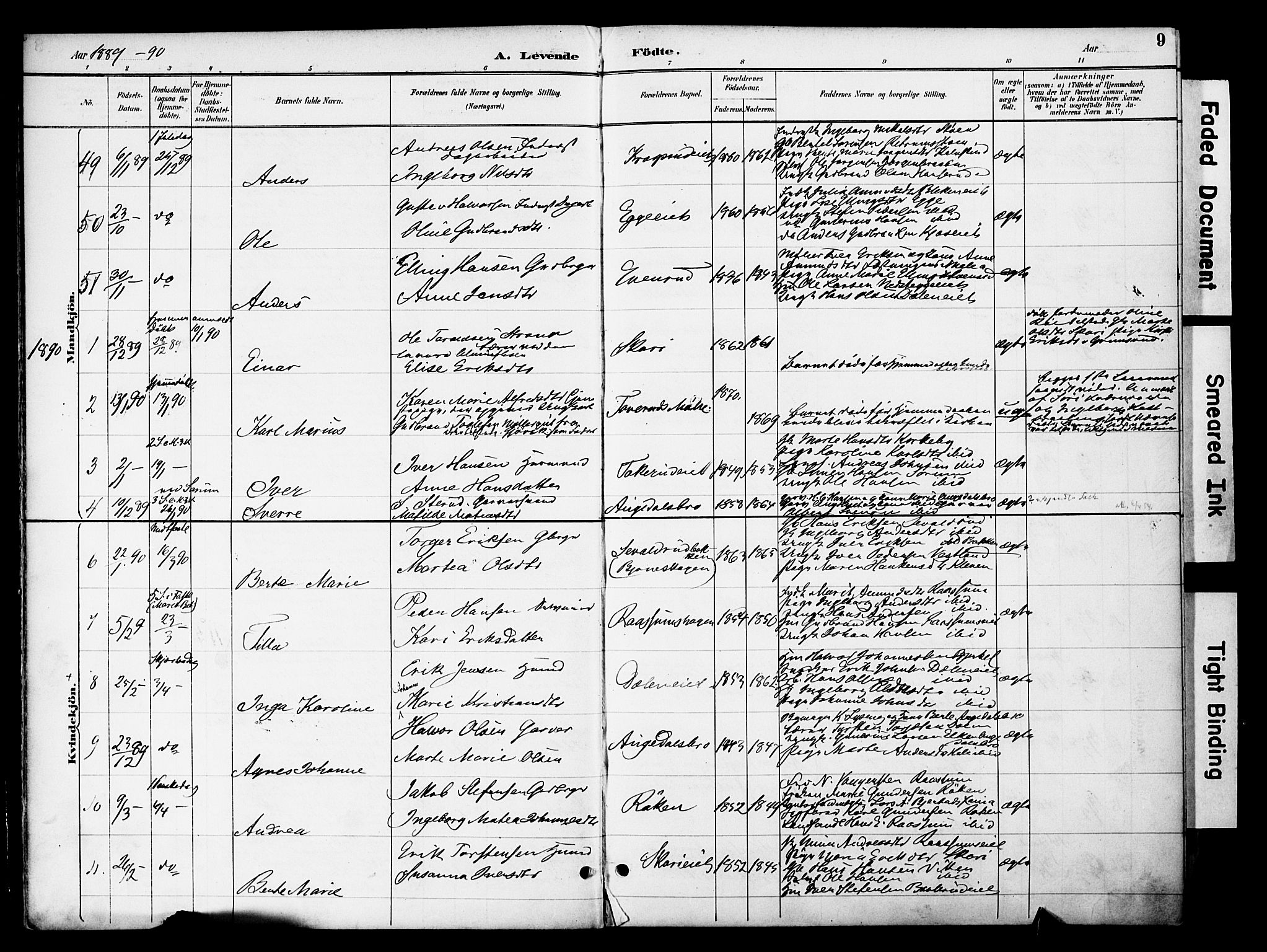 Gran prestekontor, SAH/PREST-112/H/Ha/Haa/L0020: Parish register (official) no. 20, 1889-1899, p. 9