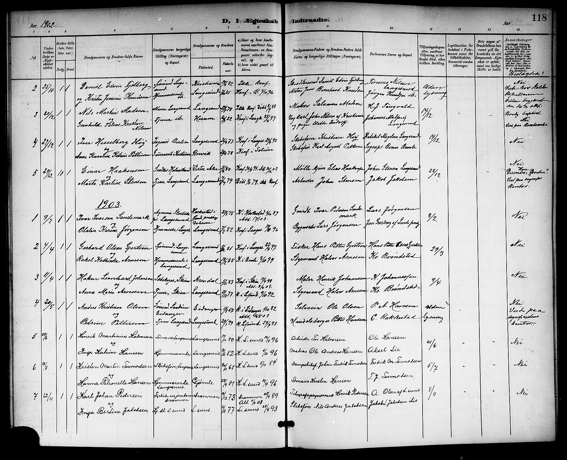 Langesund kirkebøker, SAKO/A-280/G/Ga/L0006: Parish register (copy) no. 6, 1899-1918, p. 118