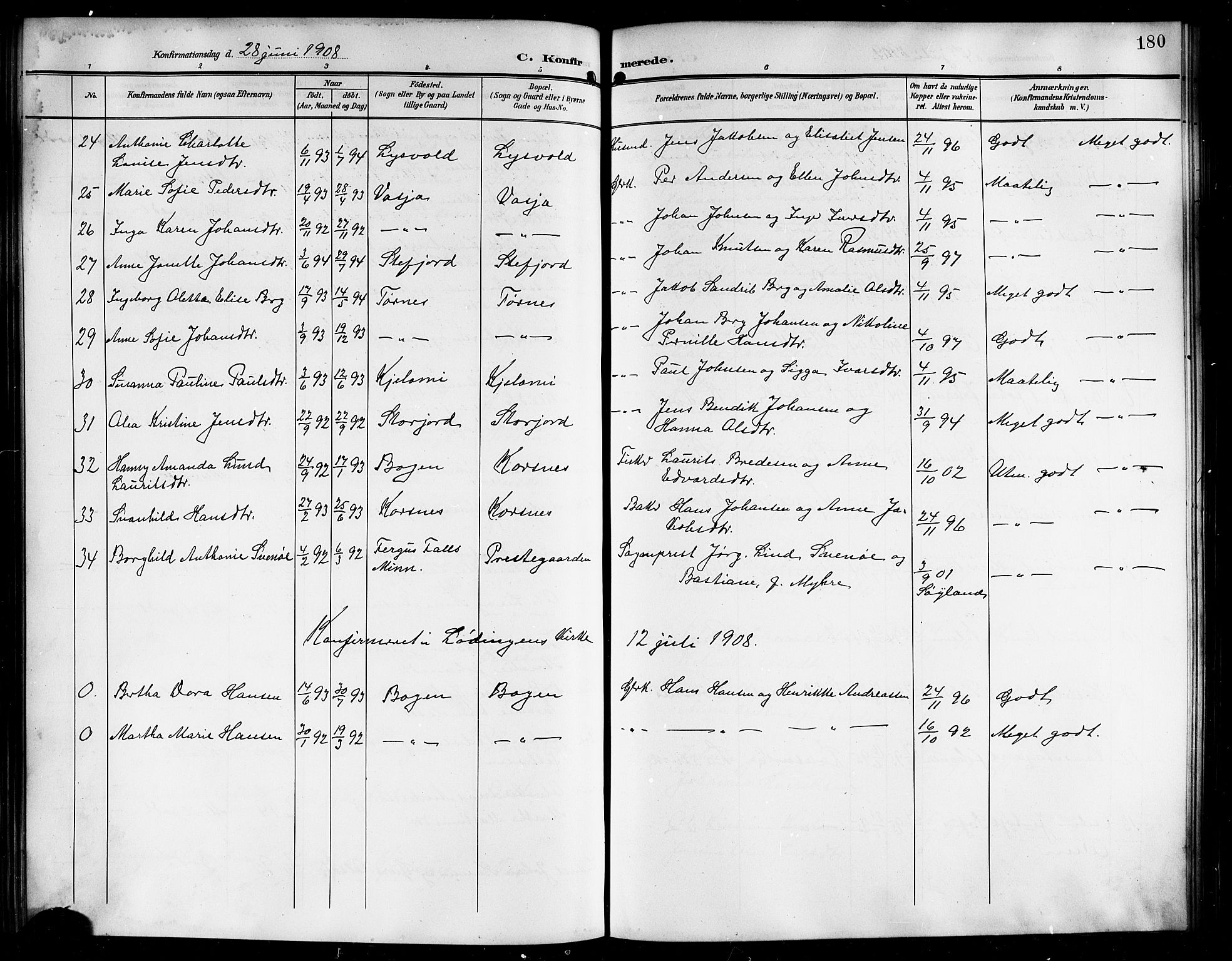 Ministerialprotokoller, klokkerbøker og fødselsregistre - Nordland, AV/SAT-A-1459/861/L0877: Parish register (copy) no. 861C03, 1903-1919, p. 180