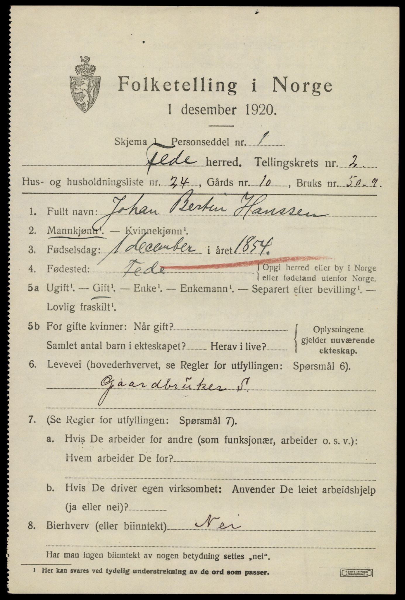 SAK, 1920 census for Feda, 1920, p. 1159