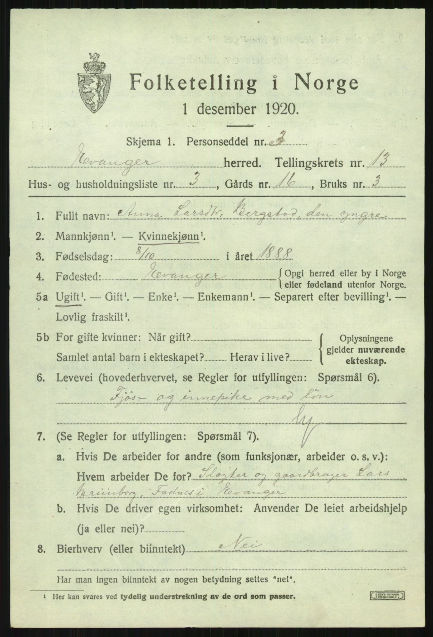 SAB, 1920 census for Evanger, 1920, p. 3905