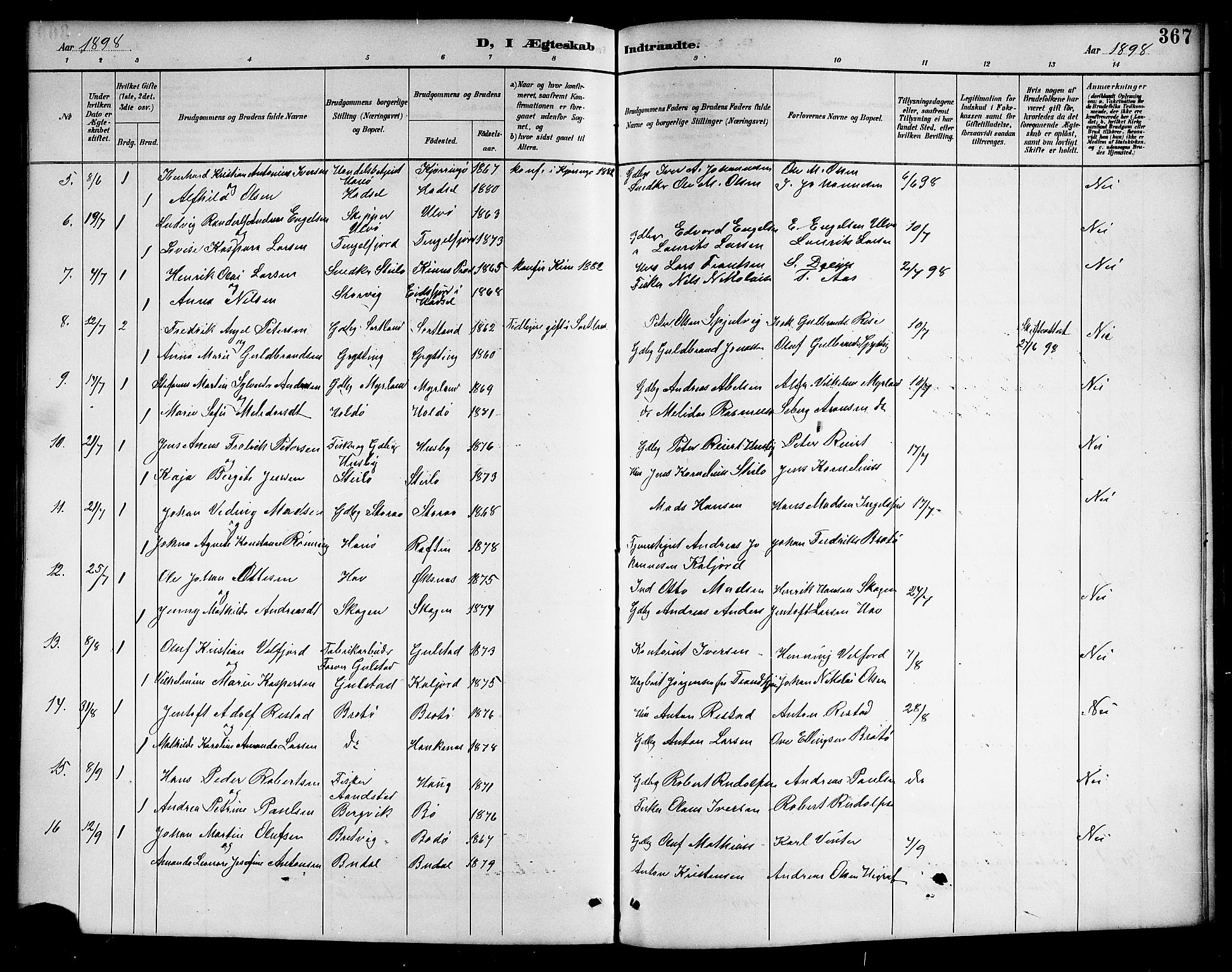 Ministerialprotokoller, klokkerbøker og fødselsregistre - Nordland, AV/SAT-A-1459/888/L1268: Parish register (copy) no. 888C06, 1891-1908, p. 367