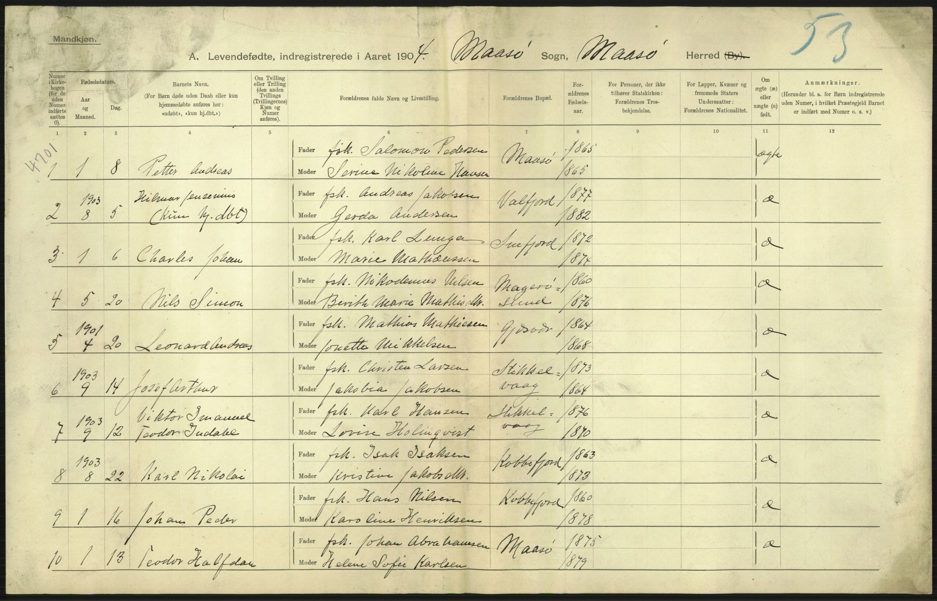 Statistisk sentralbyrå, Sosiodemografiske emner, Befolkning, AV/RA-S-2228/D/Df/Dfa/Dfab/L0023: Finnmarkens amt: Fødte, gifte, døde, 1904, p. 7