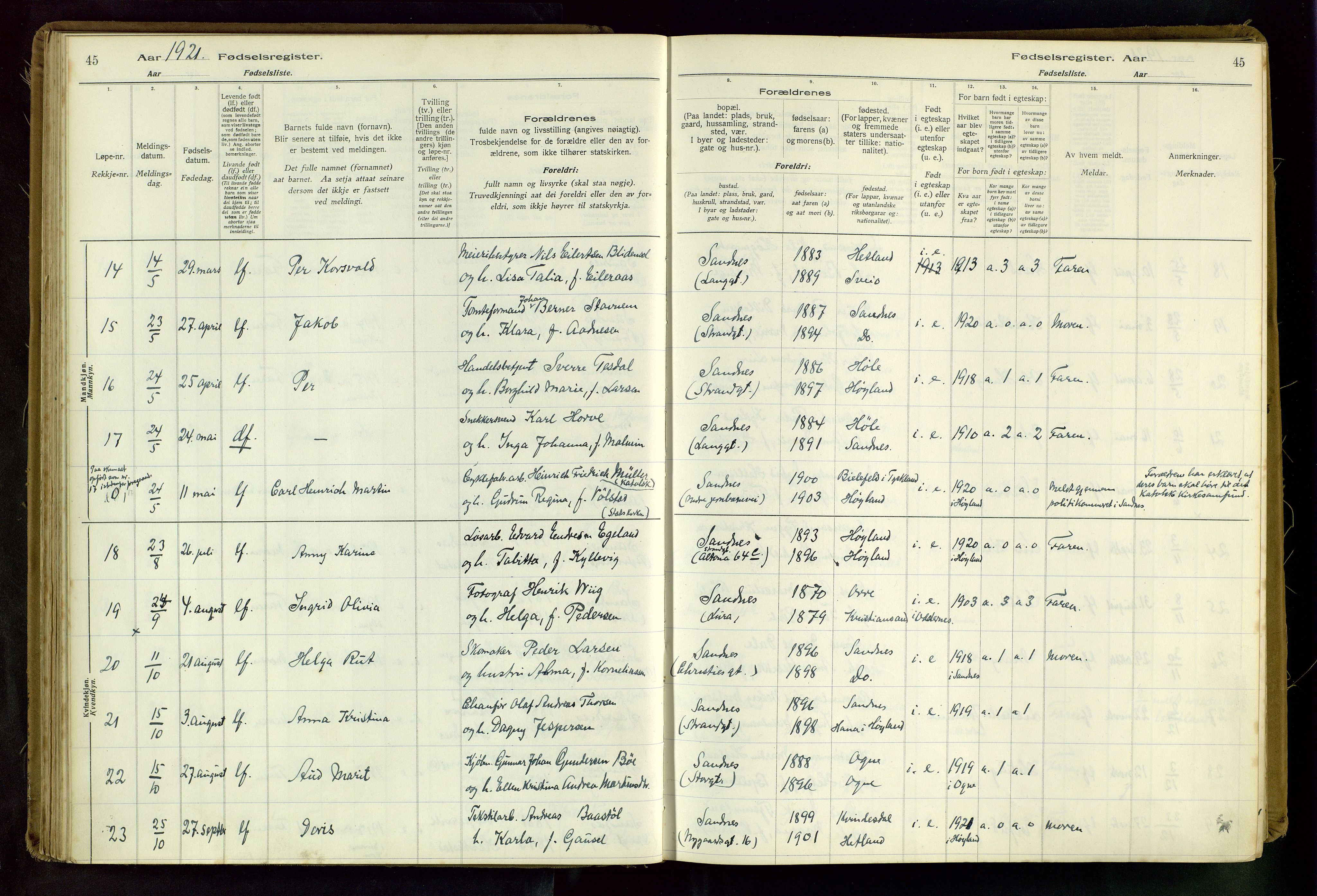 Sandnes sokneprestkontor, AV/SAST-A-101800/704BA/L0001: Birth register no. 1, 1916-1942, p. 45