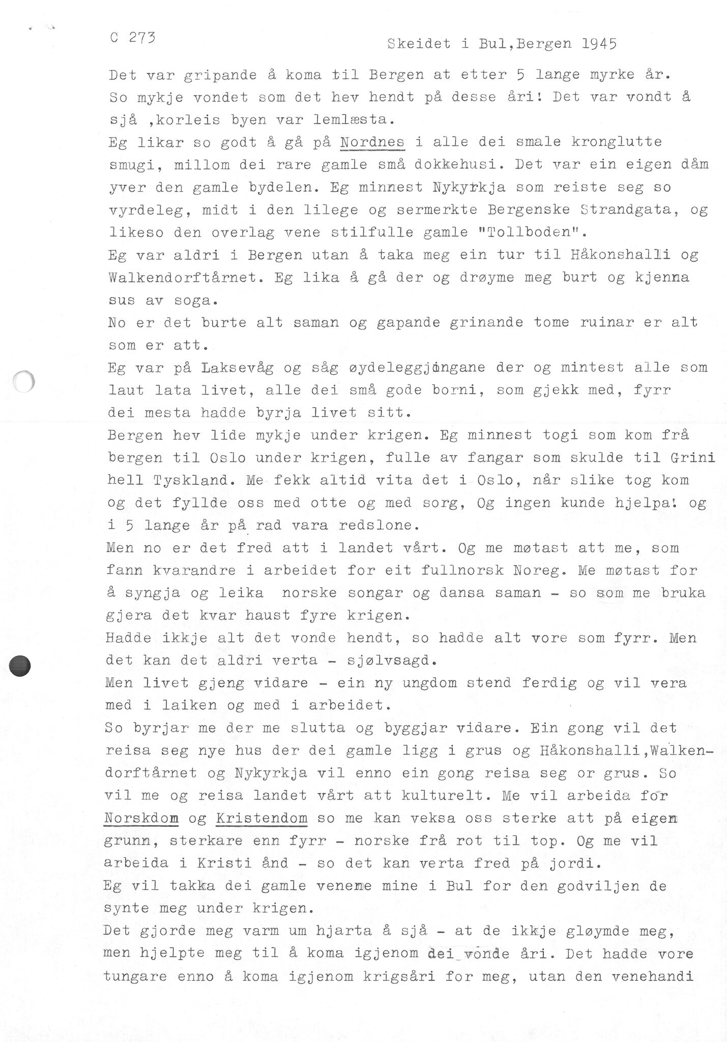Samling etter Klara Semb, NSFF/KS/C/273: Klara Sembs tale ved skeidet i Bergen 1945, 1945