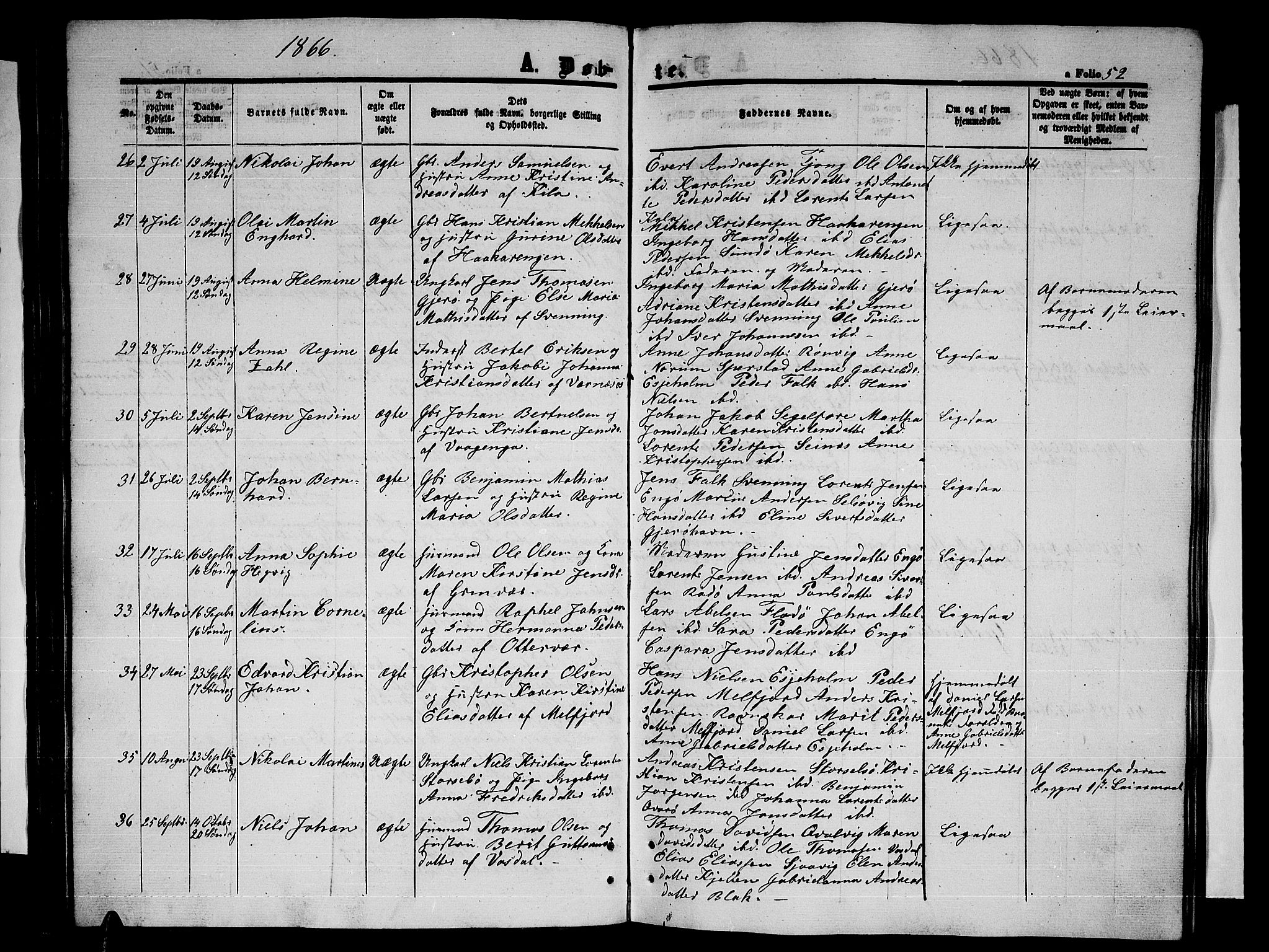 Ministerialprotokoller, klokkerbøker og fødselsregistre - Nordland, SAT/A-1459/841/L0619: Parish register (copy) no. 841C03, 1856-1876, p. 52