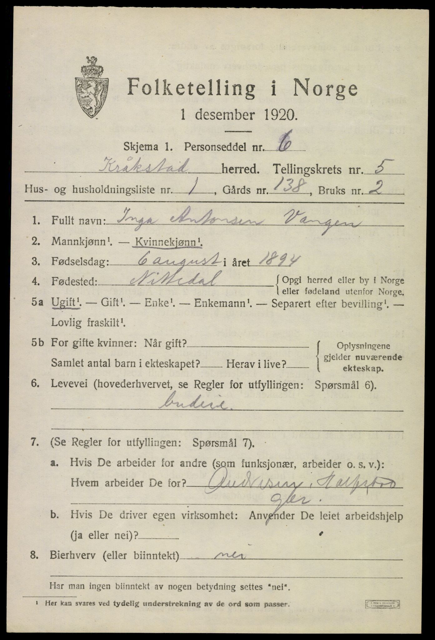 SAO, 1920 census for Kråkstad, 1920, p. 4811