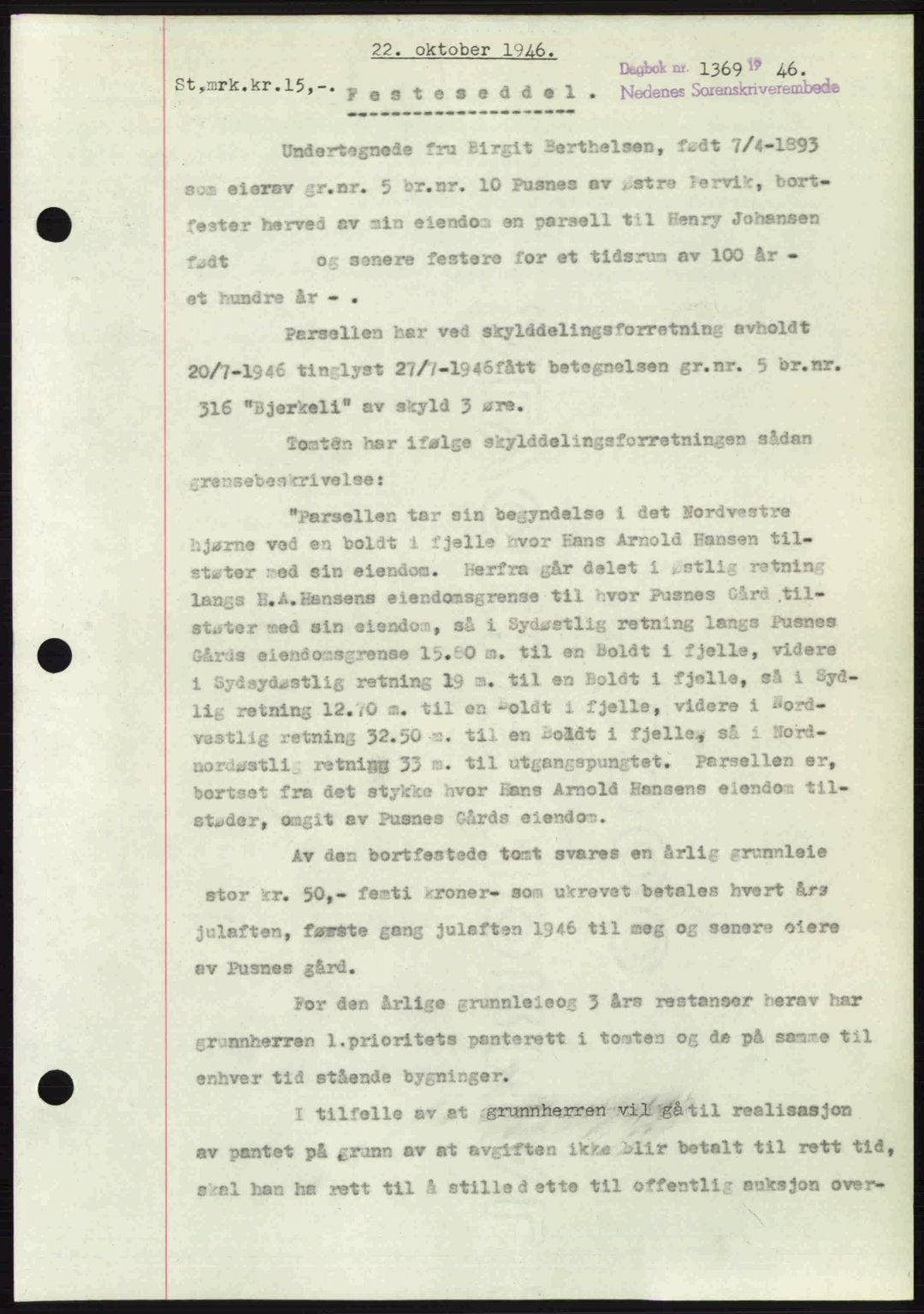 Nedenes sorenskriveri, SAK/1221-0006/G/Gb/Gba/L0056: Mortgage book no. A8, 1946-1947, Diary no: : 1369/1946