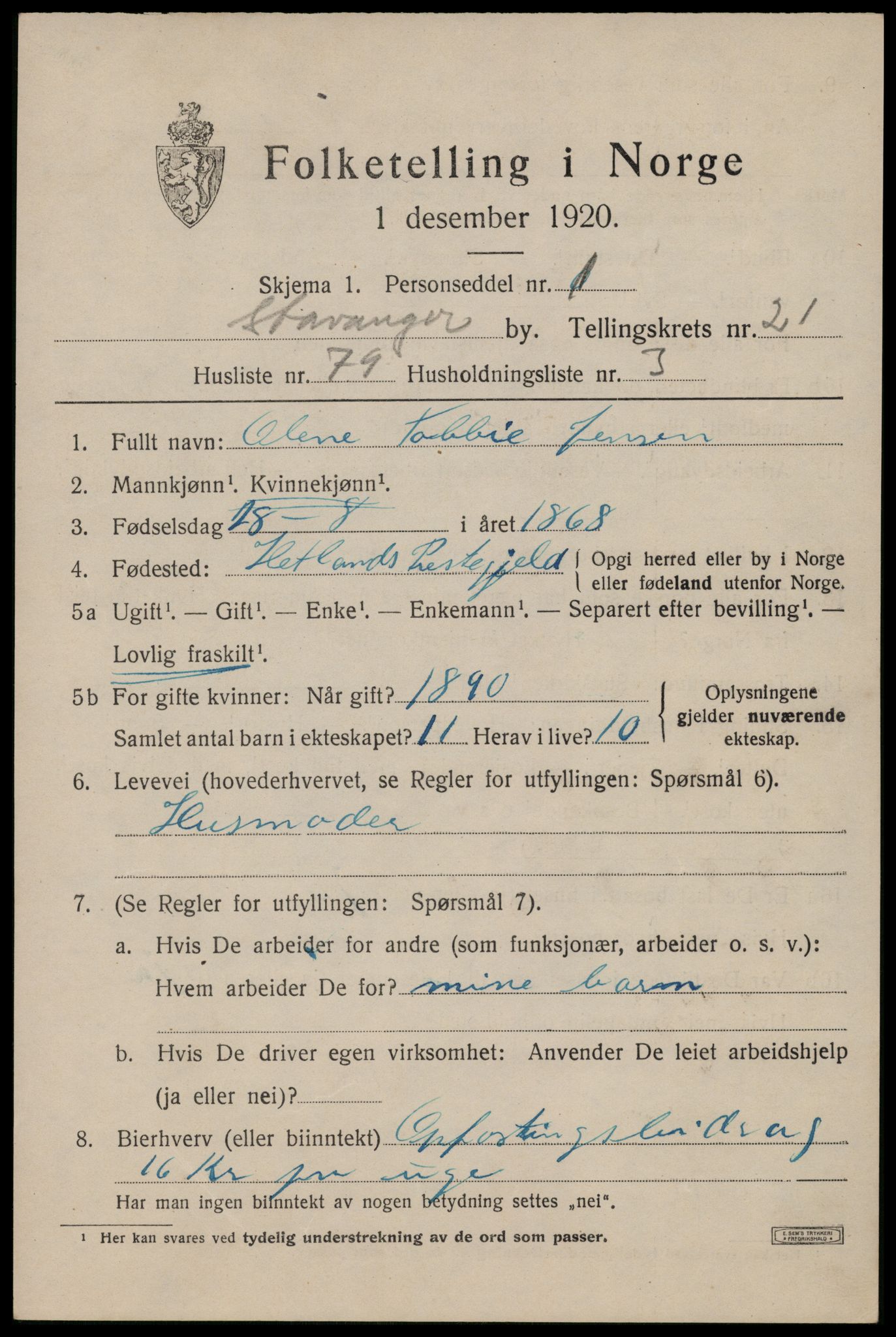 SAST, 1920 census for Stavanger, 1920, p. 73132