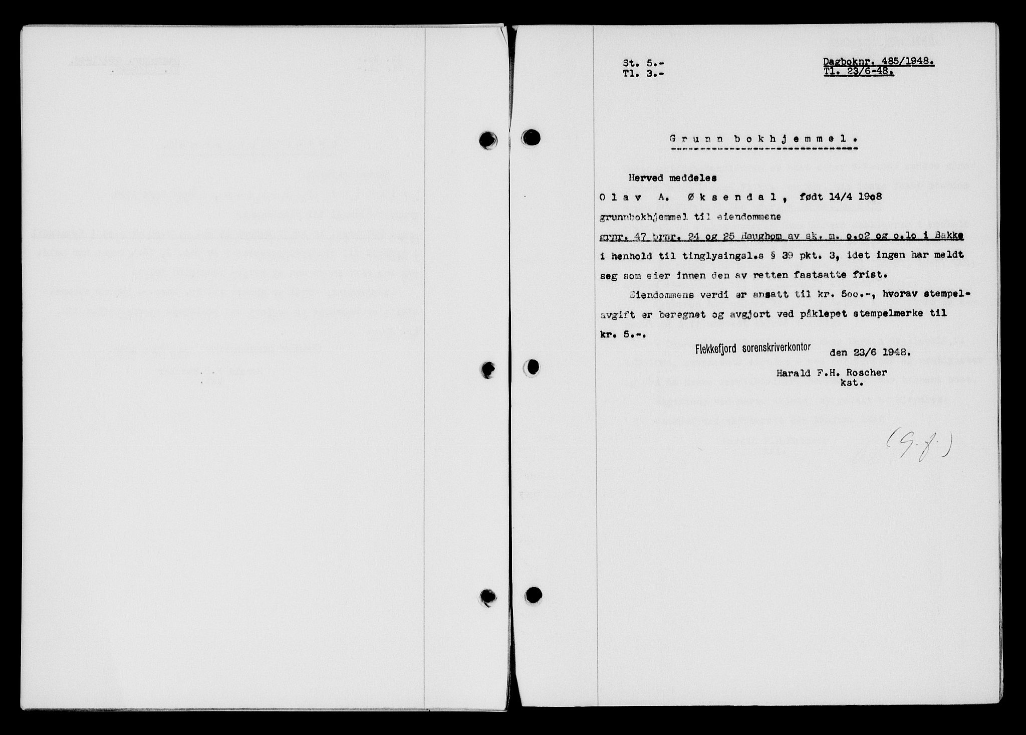 Flekkefjord sorenskriveri, SAK/1221-0001/G/Gb/Gba/L0063: Mortgage book no. A-11, 1947-1948, Diary no: : 485/1948