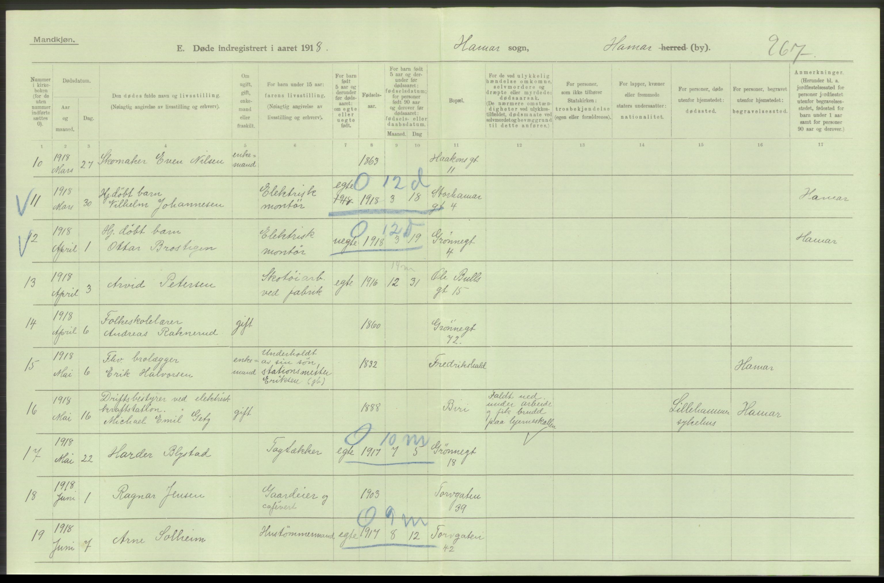 Statistisk sentralbyrå, Sosiodemografiske emner, Befolkning, AV/RA-S-2228/D/Df/Dfb/Dfbh/L0014: Hedemarkens fylke: Døde. Bygder og byer., 1918, p. 6