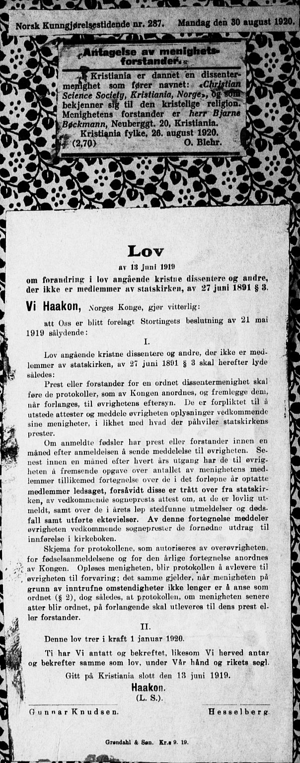 Christian Science Society Oslo , SAO/PAO-0234/A/L0001: Dissenter register no. 1, 1908-1923