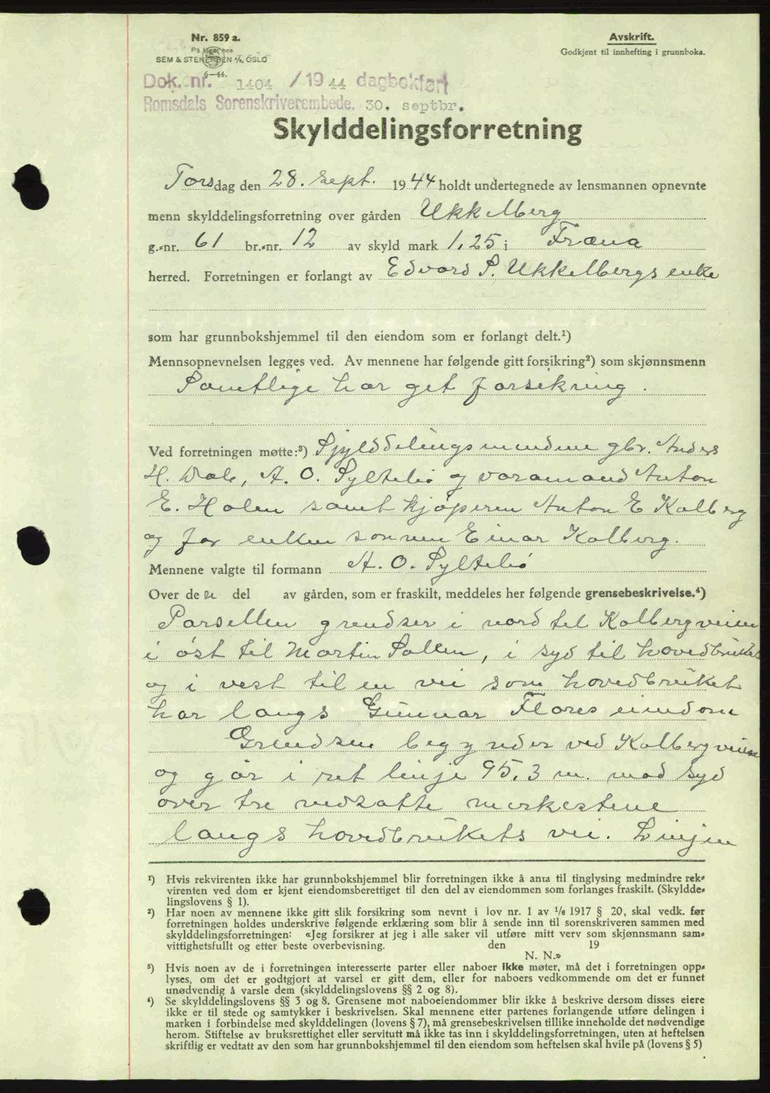 Romsdal sorenskriveri, SAT/A-4149/1/2/2C: Mortgage book no. A16, 1944-1944, Diary no: : 1404/1944
