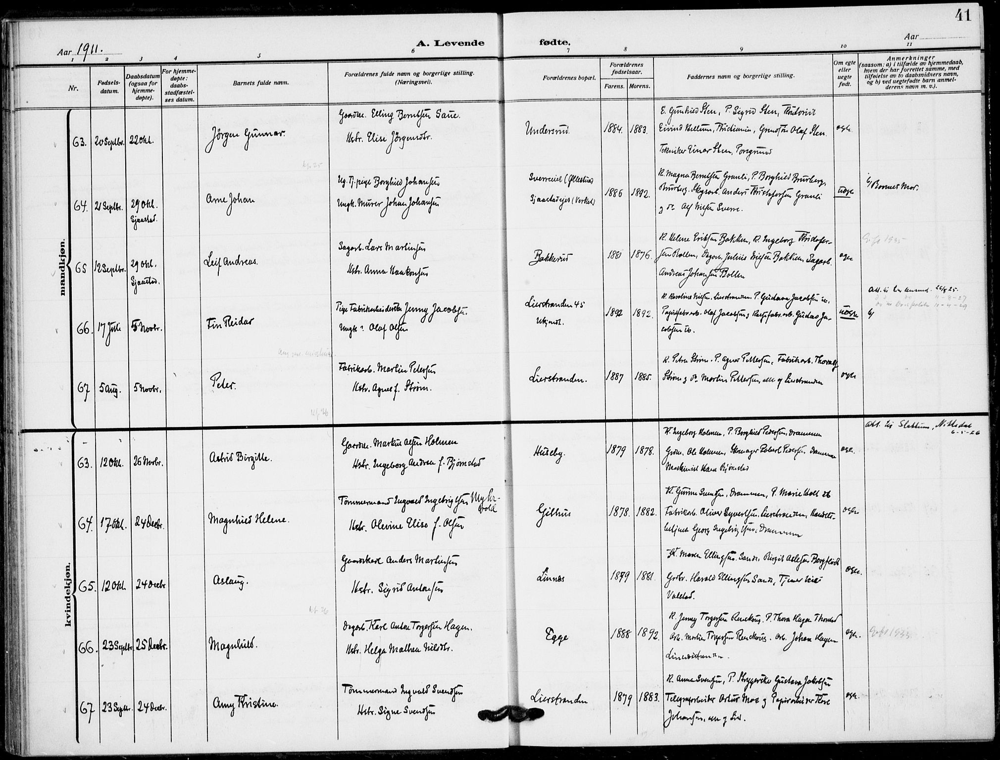 Lier kirkebøker, SAKO/A-230/F/Fa/L0018: Parish register (official) no. I 18, 1909-1917, p. 41