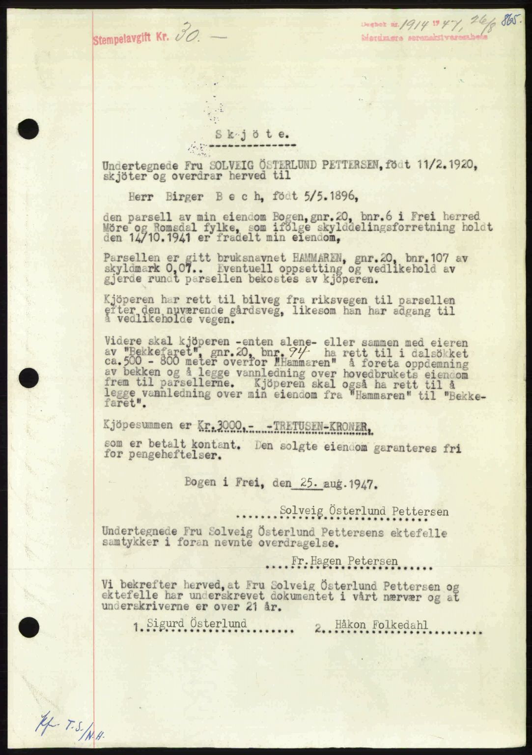 Nordmøre sorenskriveri, AV/SAT-A-4132/1/2/2Ca: Mortgage book no. A105, 1947-1947, Diary no: : 1914/1947