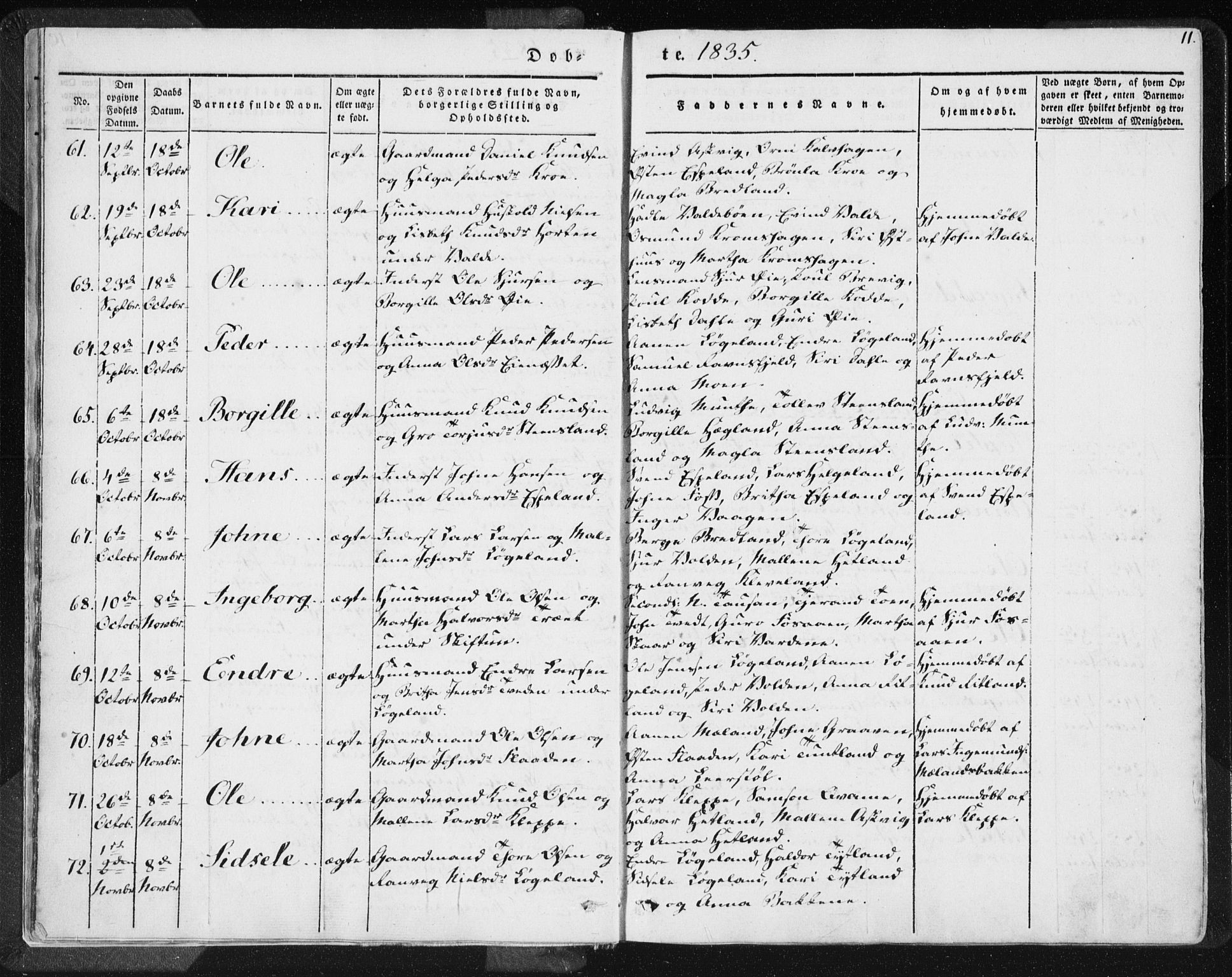 Hjelmeland sokneprestkontor, AV/SAST-A-101843/01/IV/L0006: Parish register (official) no. A 6, 1834-1845, p. 11