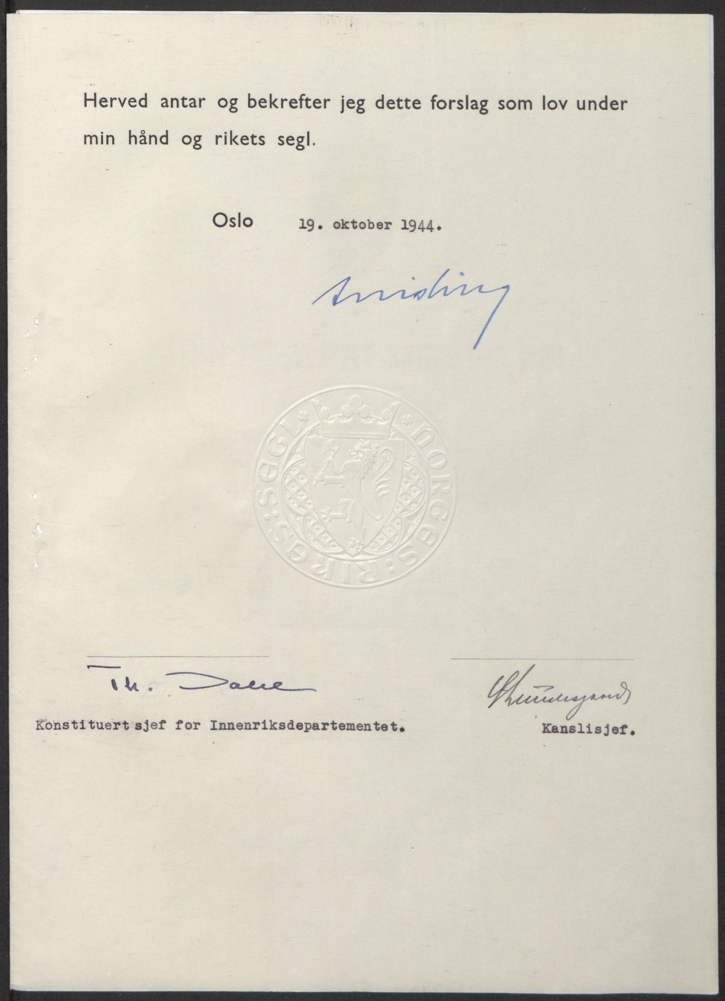 NS-administrasjonen 1940-1945 (Statsrådsekretariatet, de kommisariske statsråder mm), AV/RA-S-4279/D/Db/L0100: Lover, 1944, p. 508