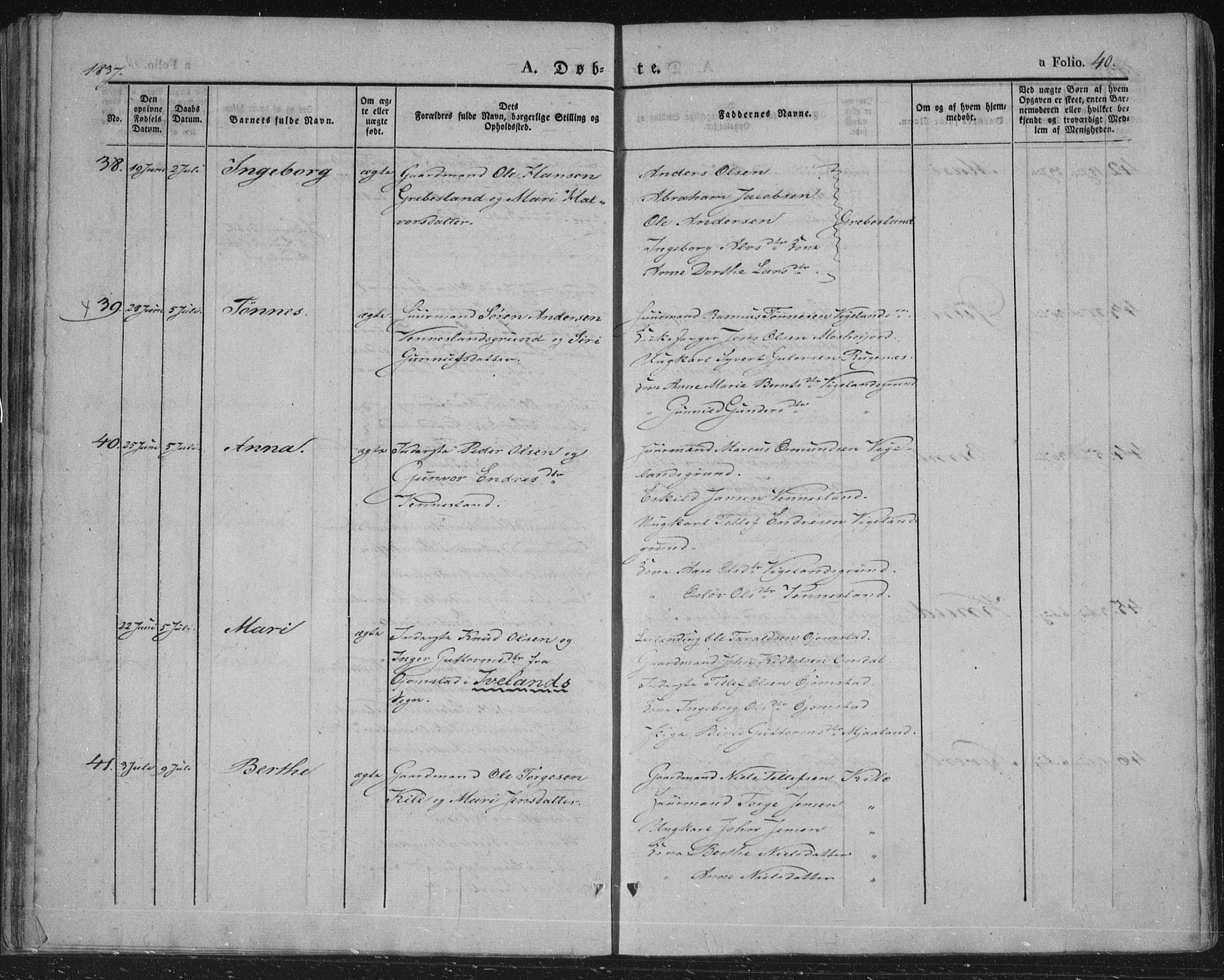 Vennesla sokneprestkontor, AV/SAK-1111-0045/Fa/Fac/L0004: Parish register (official) no. A 4, 1834-1855, p. 40