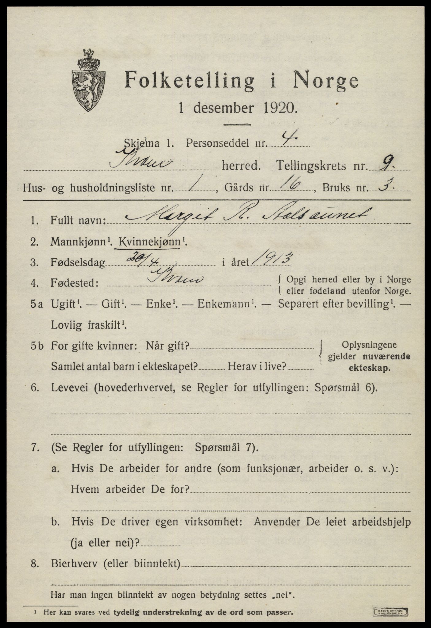SAT, 1920 census for Kvam, 1920, p. 2337