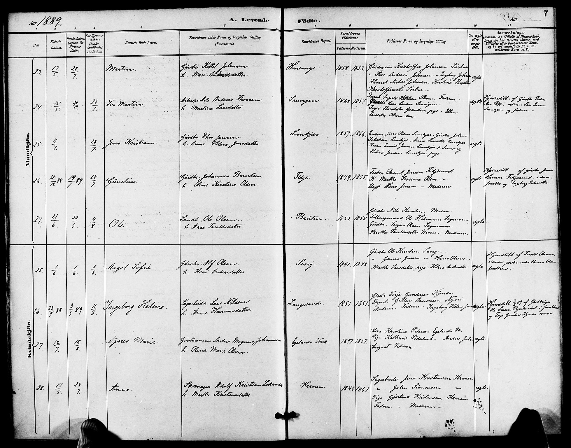 Søndeled sokneprestkontor, AV/SAK-1111-0038/F/Fa/L0005: Parish register (official) no. A 5, 1889-1899, p. 7