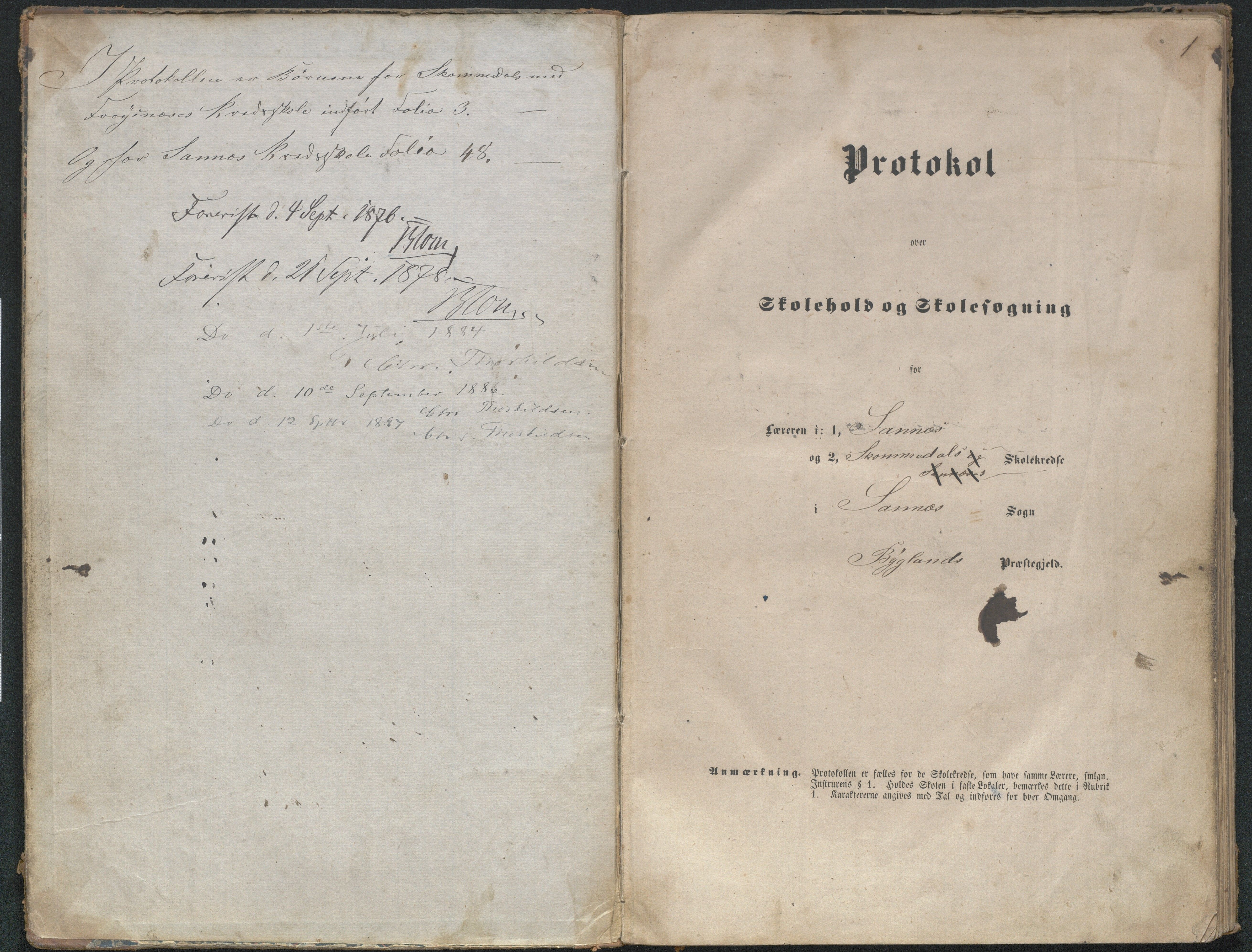 Bygland kommune, Skulekrinsar i Midt-Bygland, AAKS/KA0938-550b/F2/L0003: Skuleprotokoll Sandnes, Skomedal og Frøysnes, 1863-1886, p. 1