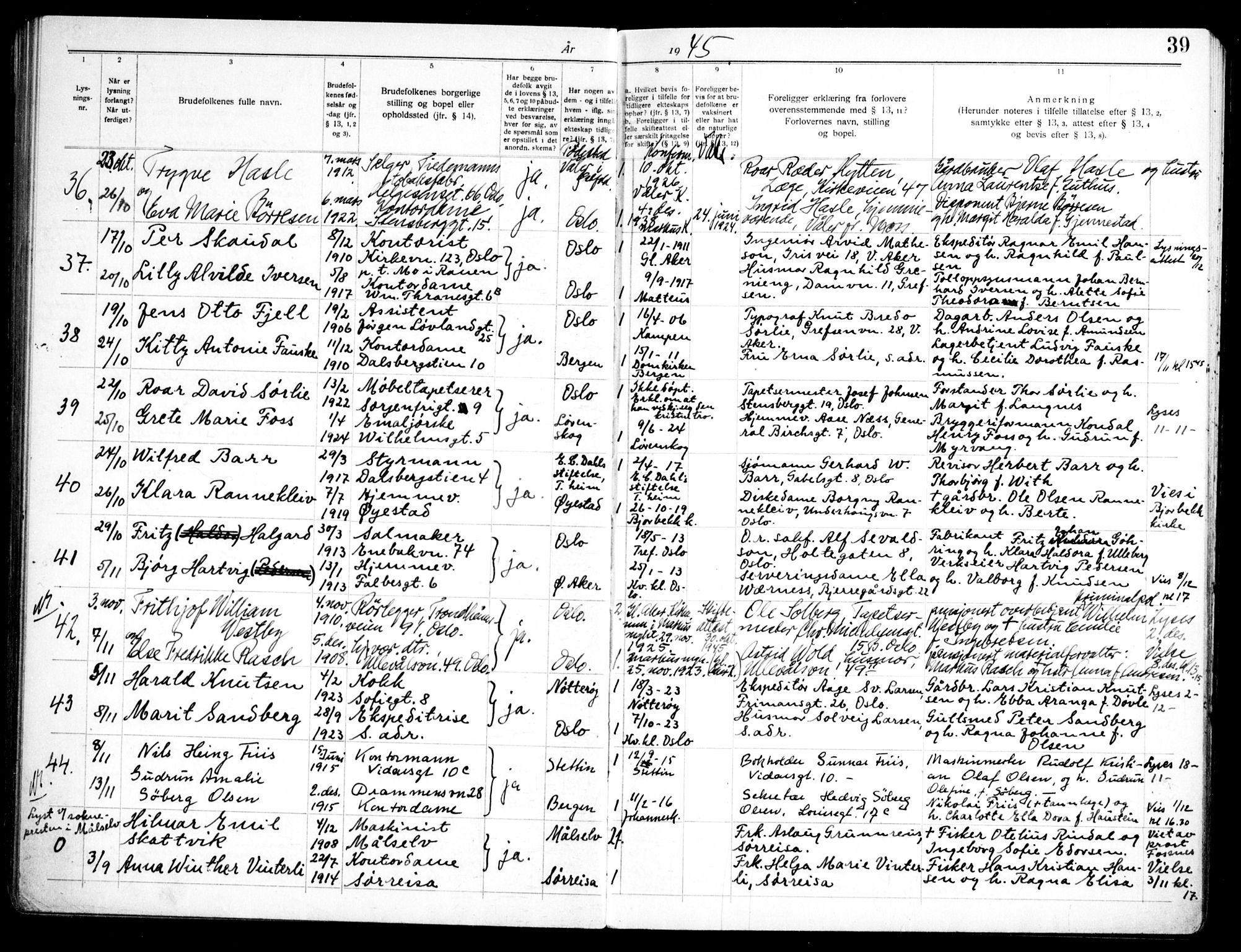 Markus prestekontor Kirkebøker, AV/SAO-A-10830/H/L0002: Banns register no. 2, 1937-1954, p. 39