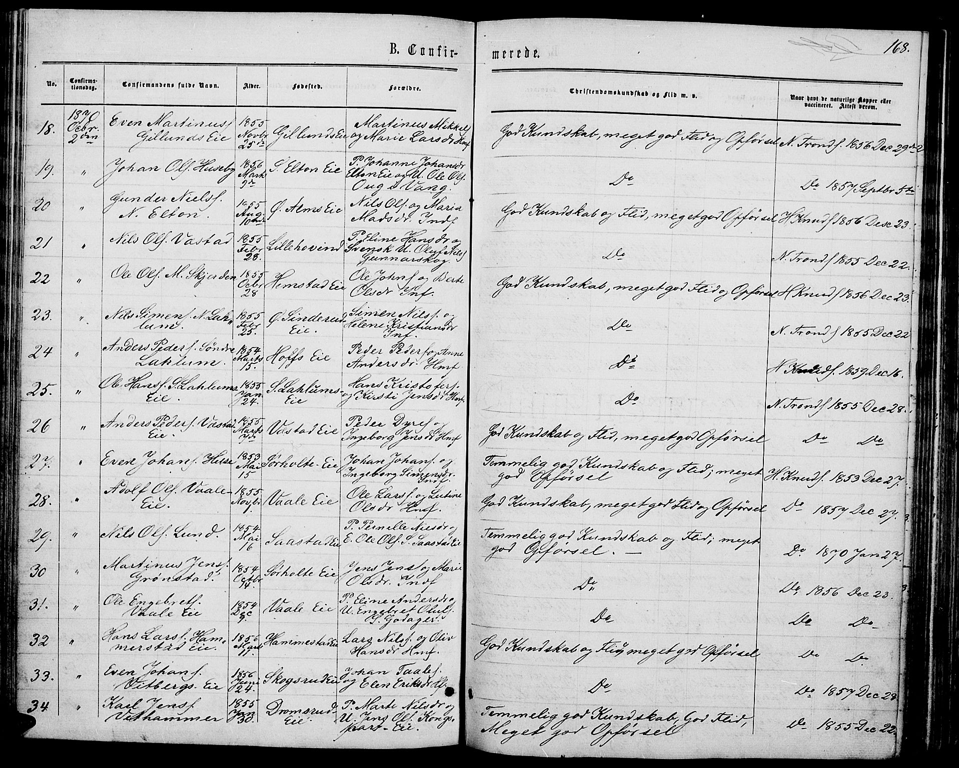 Stange prestekontor, AV/SAH-PREST-002/L/L0006: Parish register (copy) no. 6, 1864-1882, p. 168