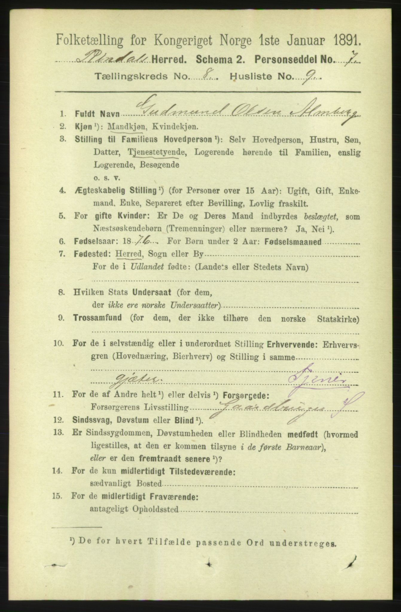 RA, 1891 census for 1567 Rindal, 1891, p. 2534