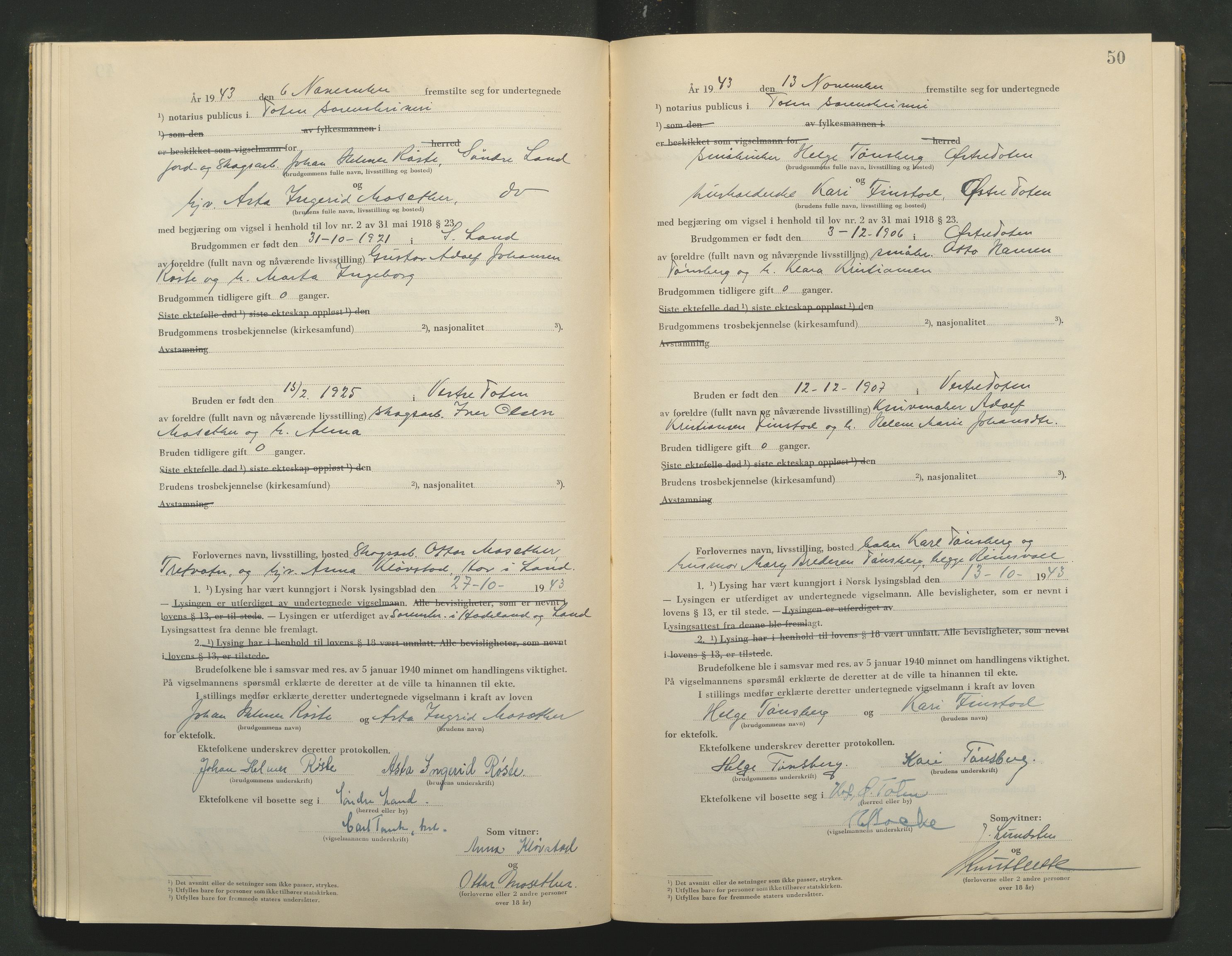 Toten tingrett, AV/SAH-TING-006/L/Lc/L0003: Vigselbok, 1943-1944, p. 50