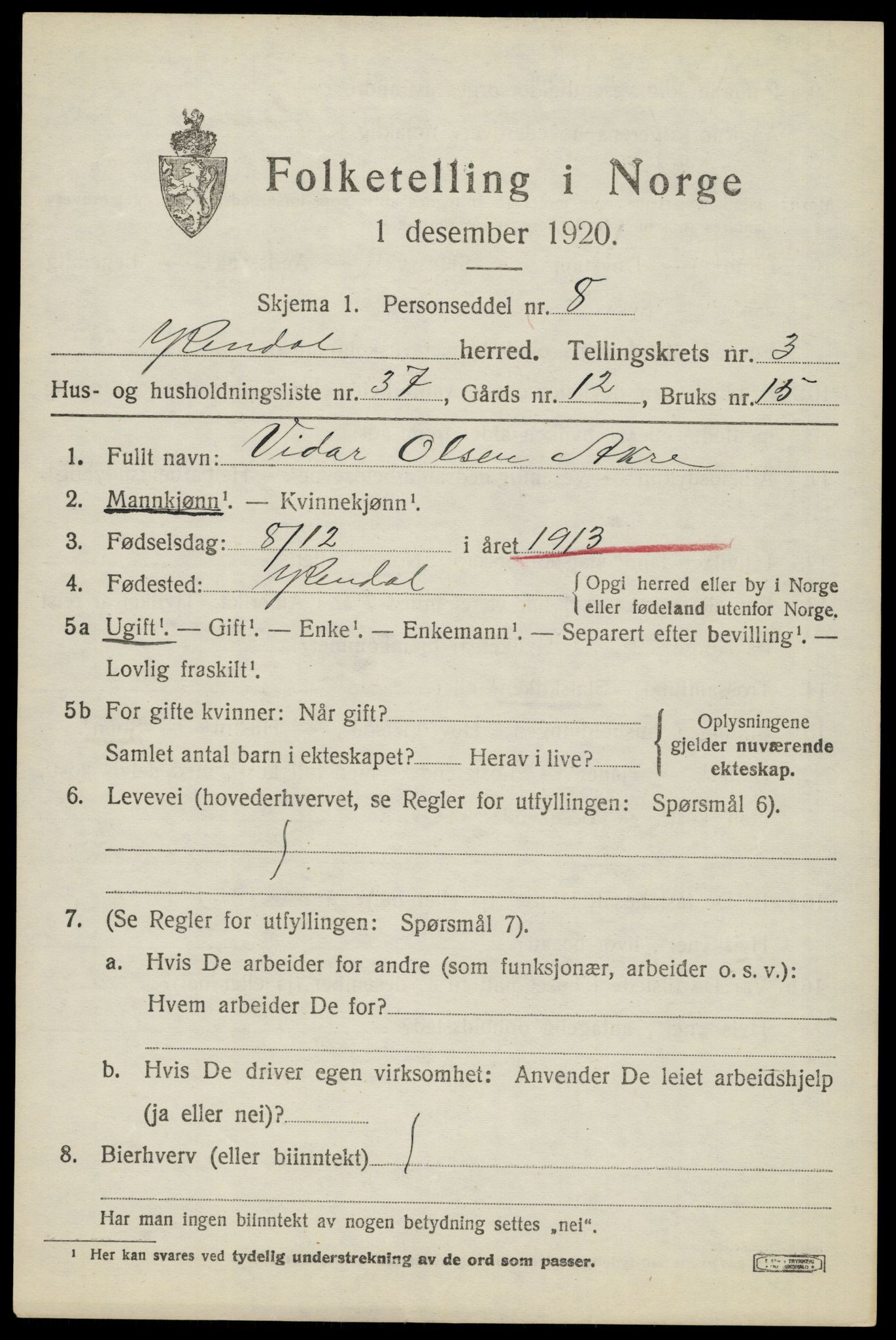 SAH, 1920 census for Ytre Rendal, 1920, p. 2037