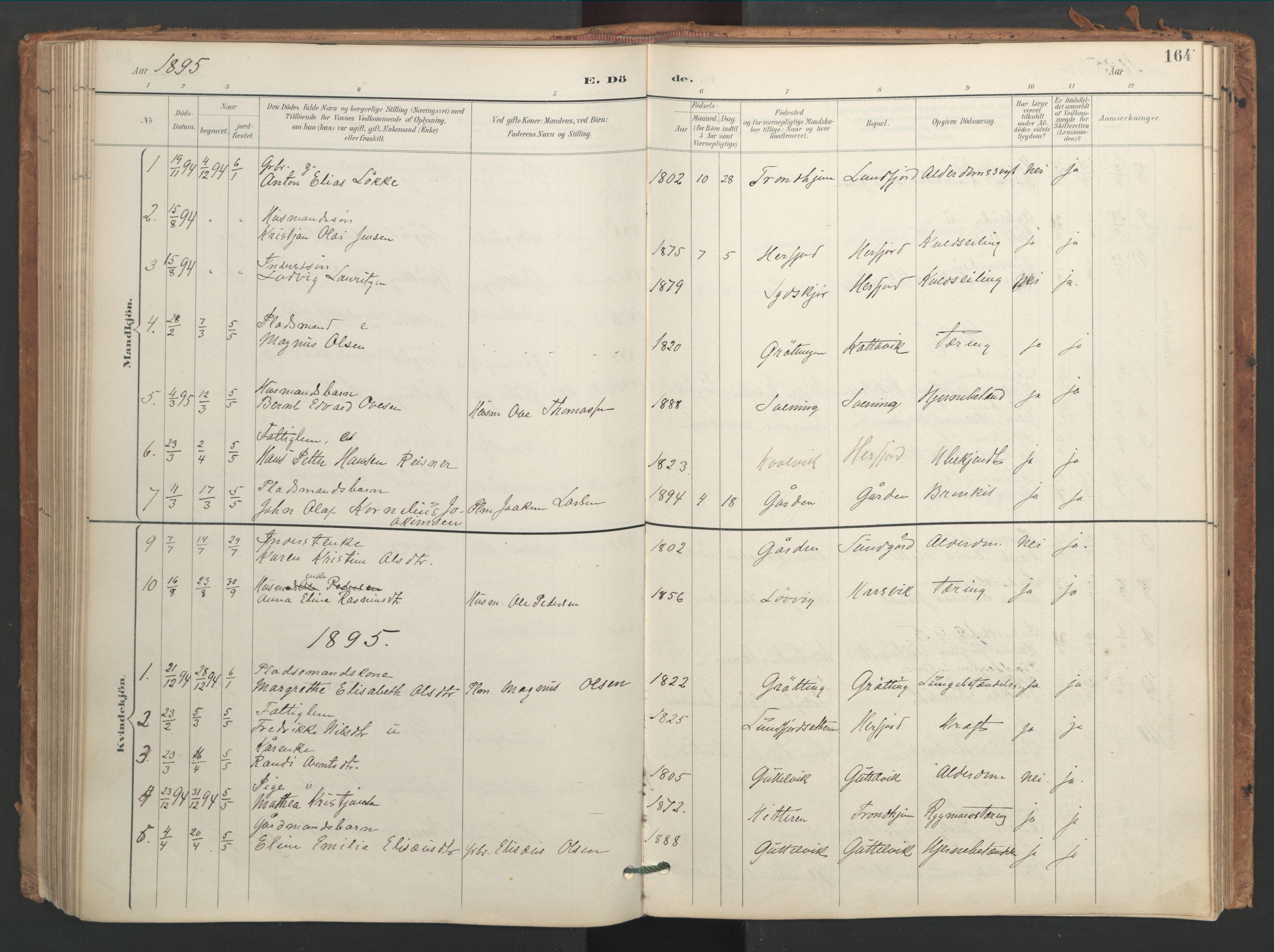Ministerialprotokoller, klokkerbøker og fødselsregistre - Sør-Trøndelag, SAT/A-1456/656/L0693: Parish register (official) no. 656A02, 1894-1913, p. 164