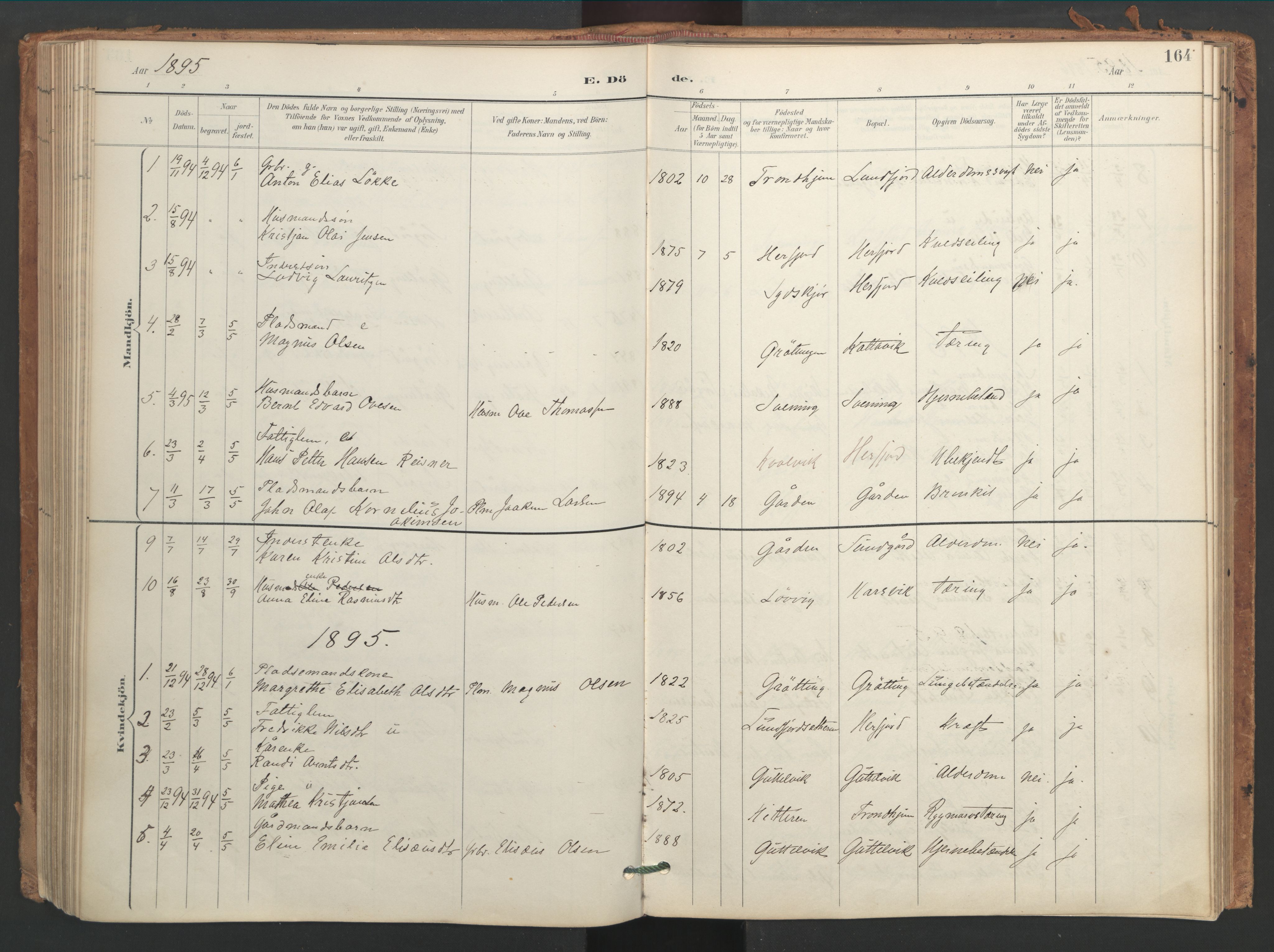 Ministerialprotokoller, klokkerbøker og fødselsregistre - Sør-Trøndelag, AV/SAT-A-1456/656/L0693: Parish register (official) no. 656A02, 1894-1913, p. 164