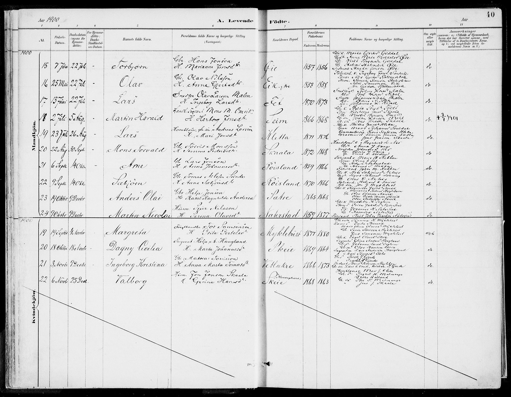 Kvinnherad sokneprestembete, SAB/A-76401/H/Haa: Parish register (official) no. B  1, 1887-1921, p. 40