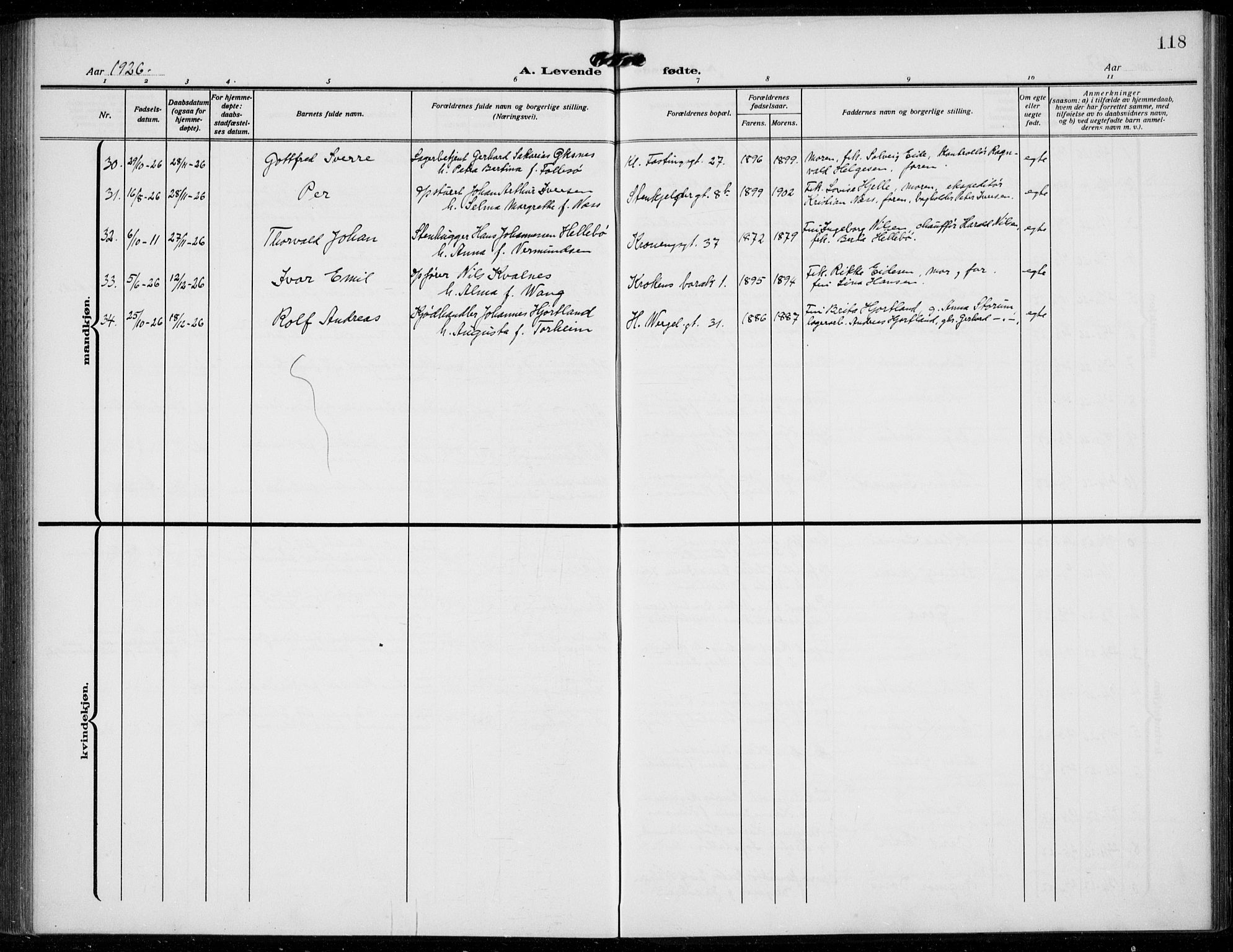 Mariakirken Sokneprestembete, AV/SAB-A-76901/H/Hab/L0006: Parish register (copy) no. A 6, 1909-1939, p. 118