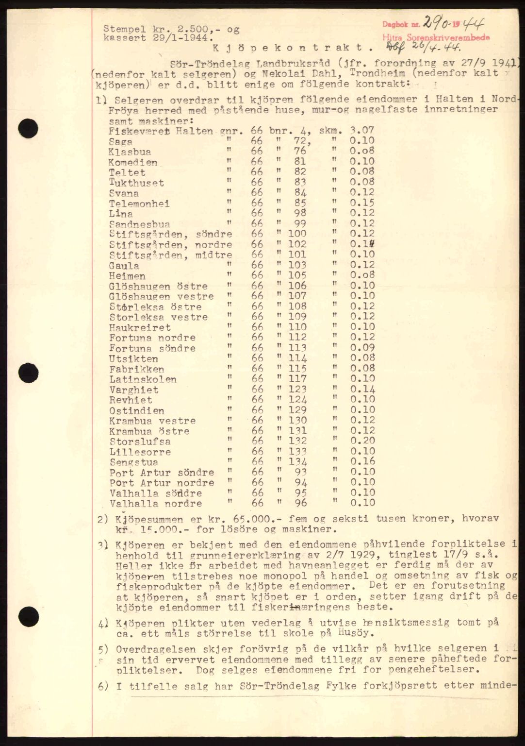 Hitra sorenskriveri, AV/SAT-A-0018/2/2C/2Ca: Mortgage book no. B1, 1939-1949, Diary no: : 290/1944