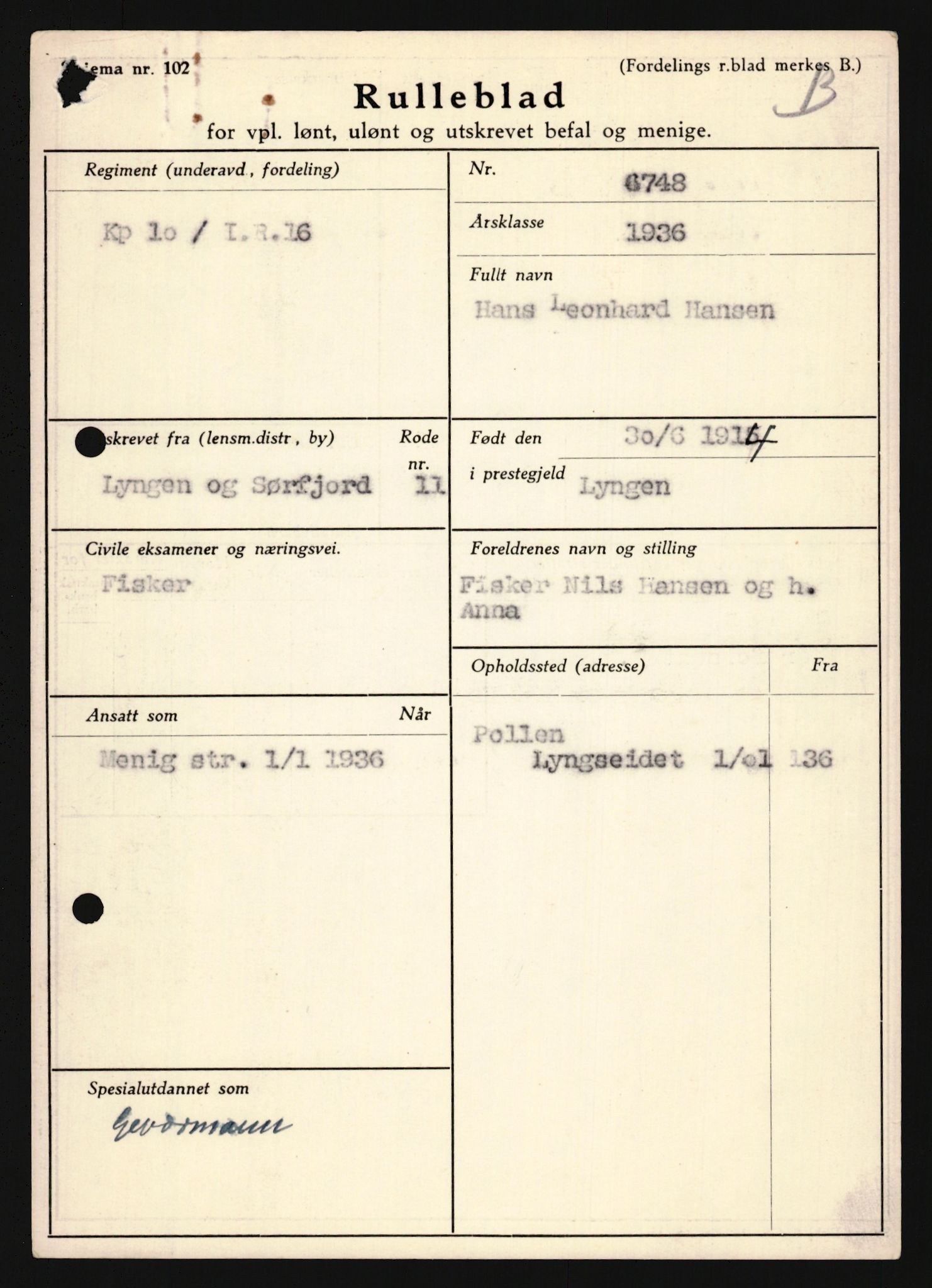 Forsvaret, Troms infanteriregiment nr. 16, AV/RA-RAFA-3146/P/Pa/L0020: Rulleblad for regimentets menige mannskaper, årsklasse 1936, 1936, p. 329