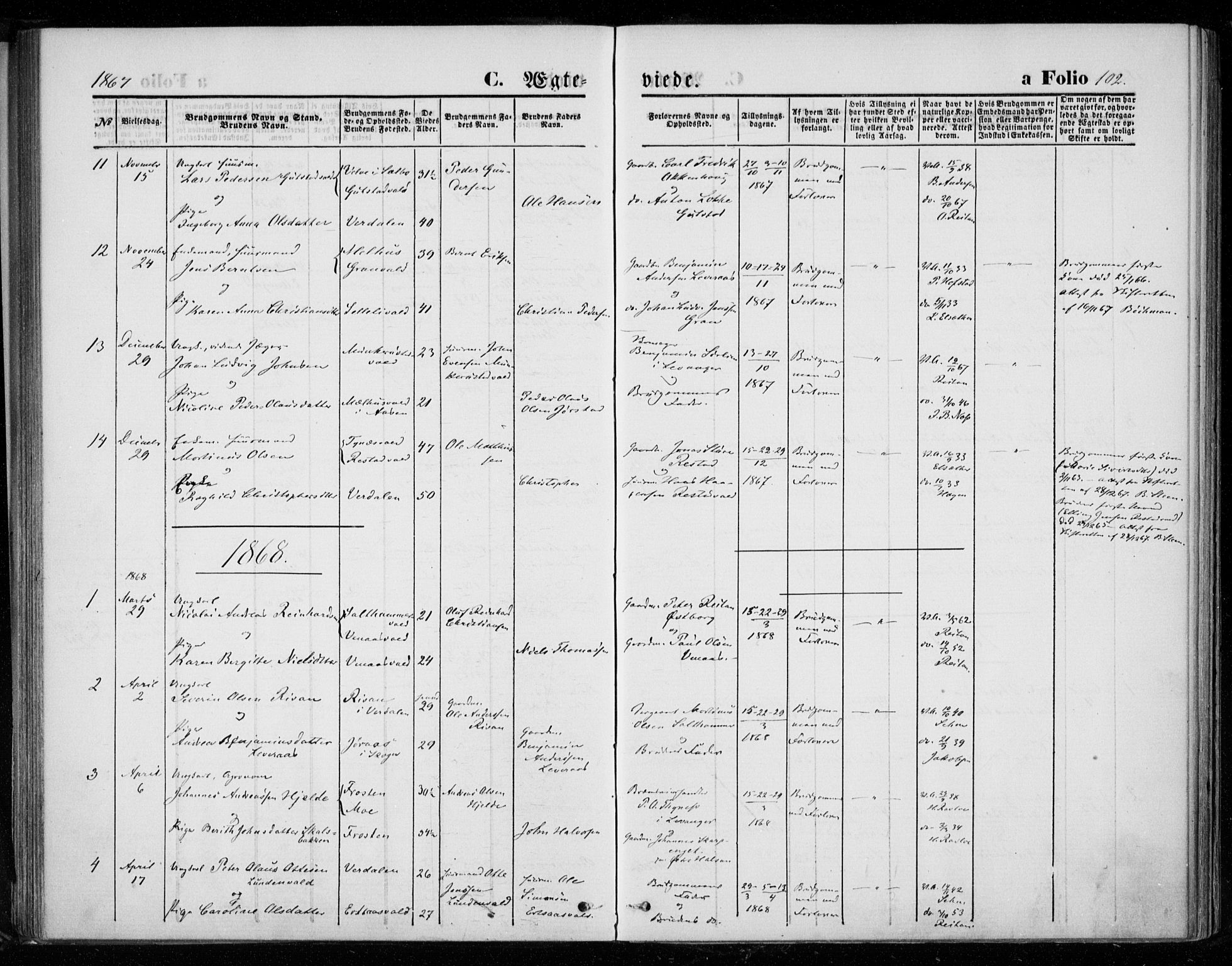 Ministerialprotokoller, klokkerbøker og fødselsregistre - Nord-Trøndelag, SAT/A-1458/721/L0206: Parish register (official) no. 721A01, 1864-1874, p. 102