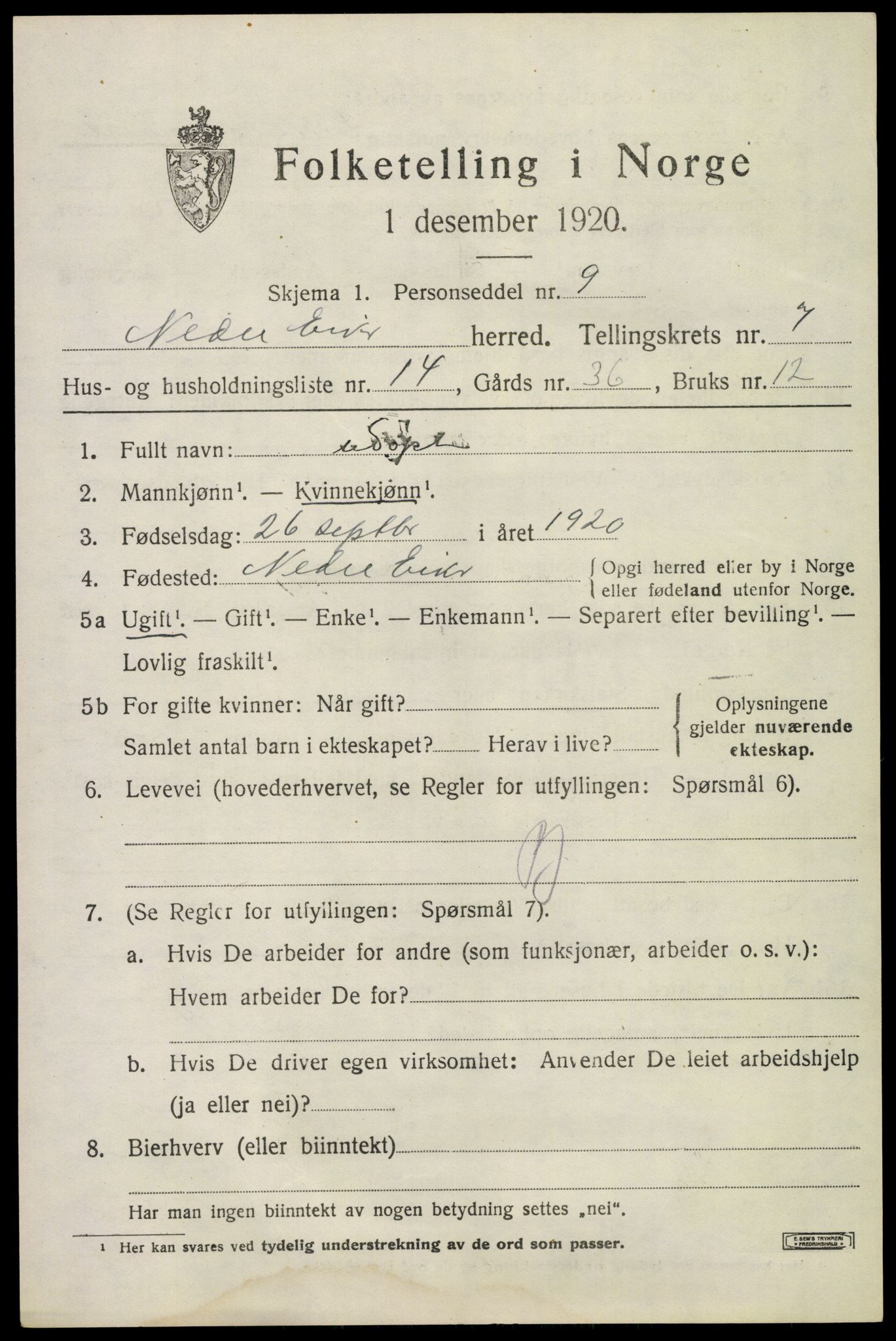 SAKO, 1920 census for Nedre Eiker, 1920, p. 7583
