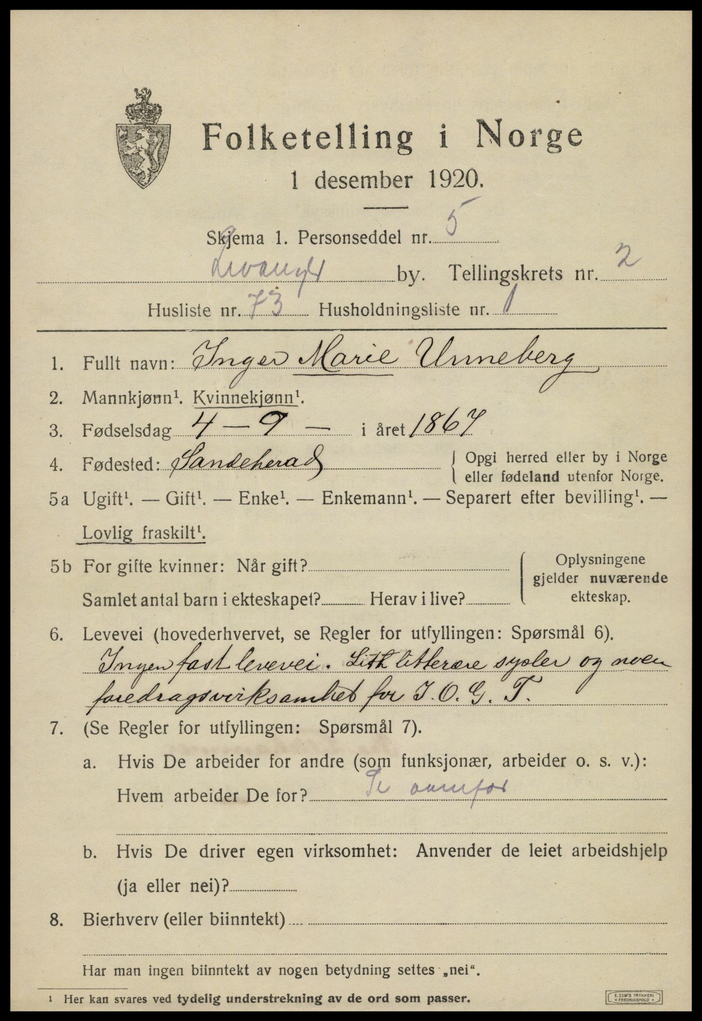 SAT, 1920 census for Levanger town, 1920, p. 4180